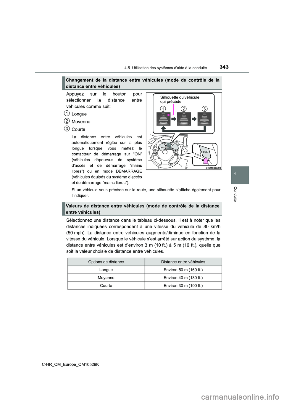 TOYOTA C-HR 2016 Manuel du propriétaire (in French) 3434-5. Utilisation des systèmes d’aide à la conduite
4
Conduite
C-HR_OM_Europe_OM10529K
Appuyez sur le bouton pour
sélectionner la distance entre
véhicules comme suit:
Longue
Moyenne
Courte TOYOTA C-HR 2016 Manuel du propriétaire (in French) 3434-5. Utilisation des systèmes d’aide à la conduite
4
Conduite
C-HR_OM_Europe_OM10529K
Appuyez sur le bouton pour
sélectionner la distance entre
véhicules comme suit:
Longue
Moyenne
Courte