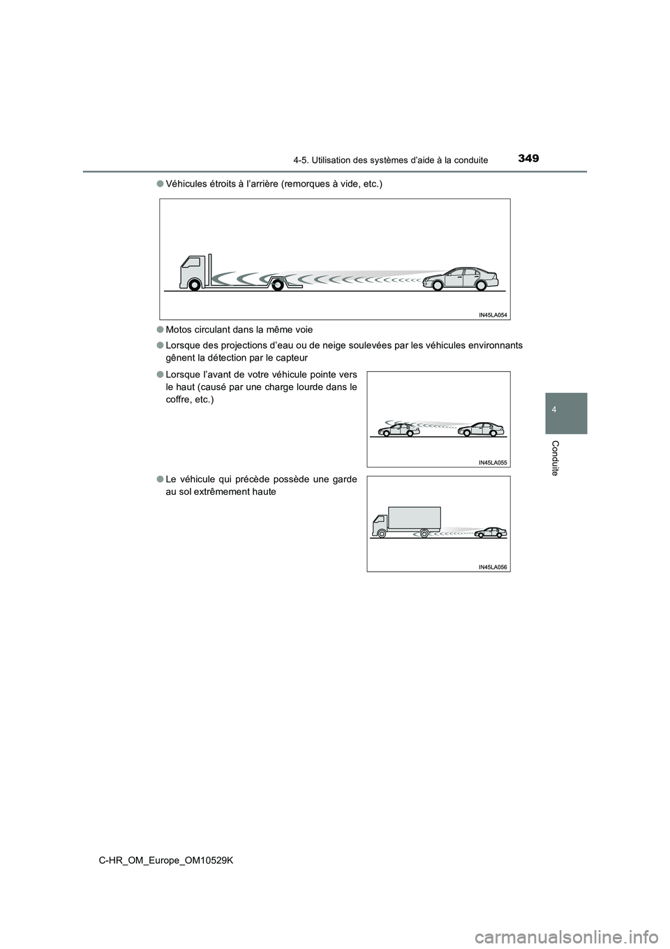 TOYOTA C-HR 2016 Manuel du propriétaire (in French) 3494-5. Utilisation des systèmes d’aide à la conduite
4
Conduite
C-HR_OM_Europe_OM10529K
● Véhicules étroits à l’arrière (remorques à vide, etc.)
● Motos circulant dans la même voie TOYOTA C-HR 2016 Manuel du propriétaire (in French) 3494-5. Utilisation des systèmes d’aide à la conduite
4
Conduite
C-HR_OM_Europe_OM10529K
● Véhicules étroits à l’arrière (remorques à vide, etc.)
● Motos circulant dans la même voie