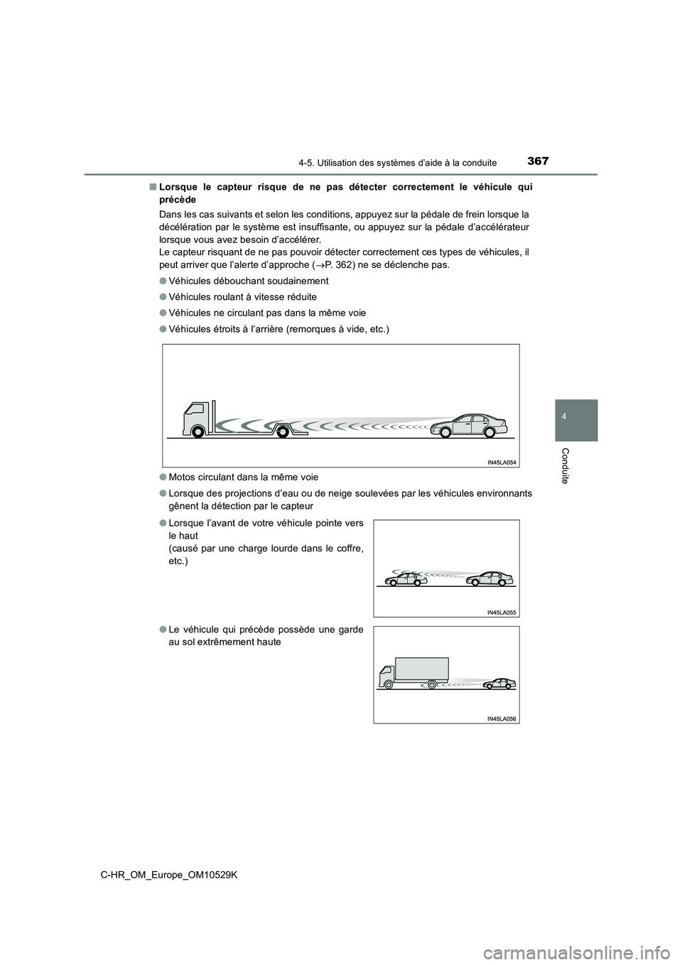 TOYOTA C-HR 2016  Manuel du propriétaire (in French) 3674-5. Utilisation des systèmes d’aide à la conduite
4
Conduite
C-HR_OM_Europe_OM10529K 
■ Lorsque le capteur risque de ne pas détecter correctement le véhicule qui 
précède 
Dans les cas s