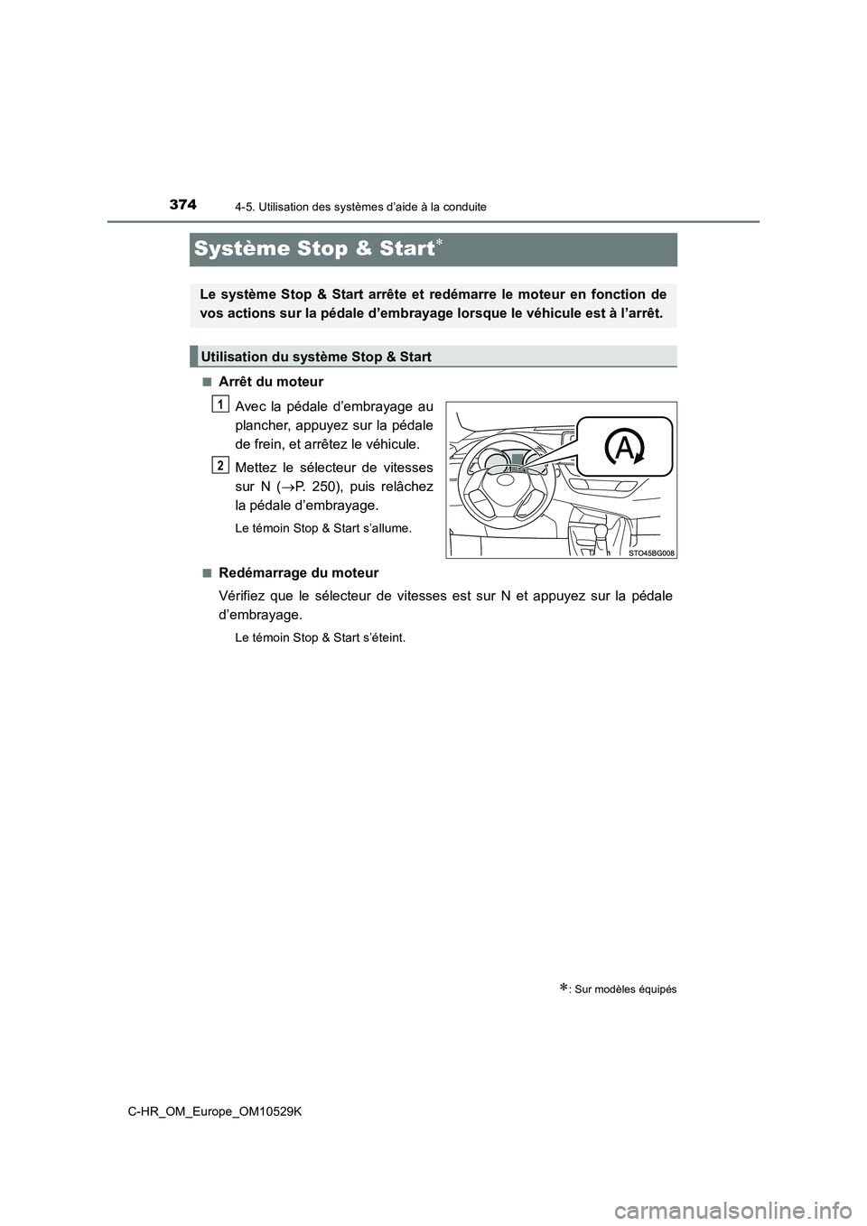 TOYOTA C-HR 2016  Manuel du propriétaire (in French) 3744-5. Utilisation des systèmes d’aide à la conduite
C-HR_OM_Europe_OM10529K
Système Stop & Start
■Arrêt du moteur 
Avec la pédale d’embrayage au 
plancher, appuyez sur la pédale 
de f
