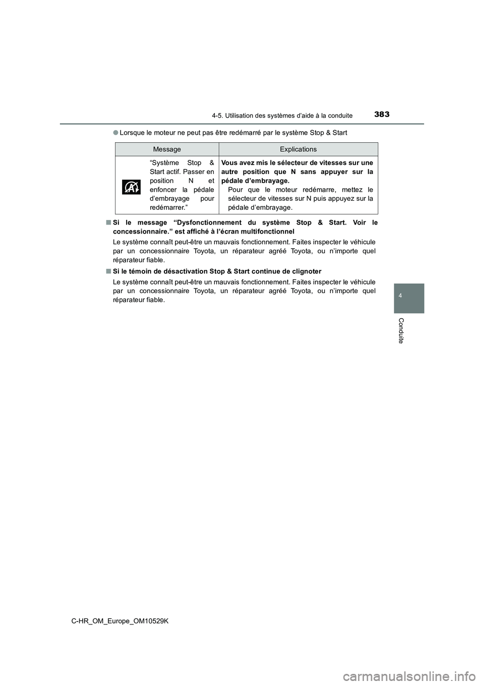 TOYOTA C-HR 2016  Manuel du propriétaire (in French) 3834-5. Utilisation des systèmes d’aide à la conduite
4
Conduite
C-HR_OM_Europe_OM10529K 
● Lorsque le moteur ne peut pas être redémarré par le système Stop & Start 
■ Si le message “Dys