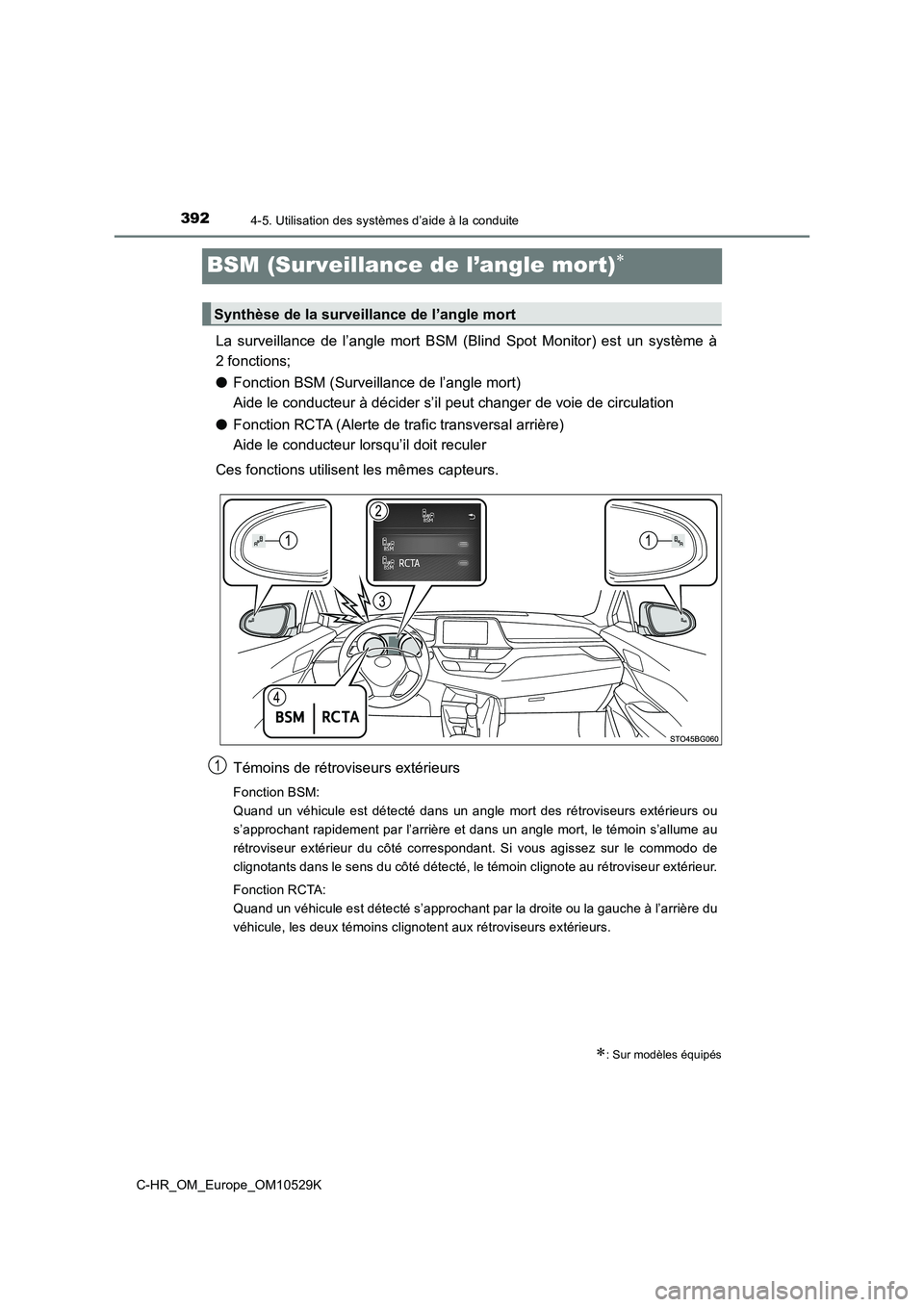 TOYOTA C-HR 2016  Manuel du propriétaire (in French) 3924-5. Utilisation des systèmes d’aide à la conduite
C-HR_OM_Europe_OM10529K
BSM (Surveillance de l’angle mort)
La surveillance de l’angle mort BSM (Blind Spot Monitor) est un système à 