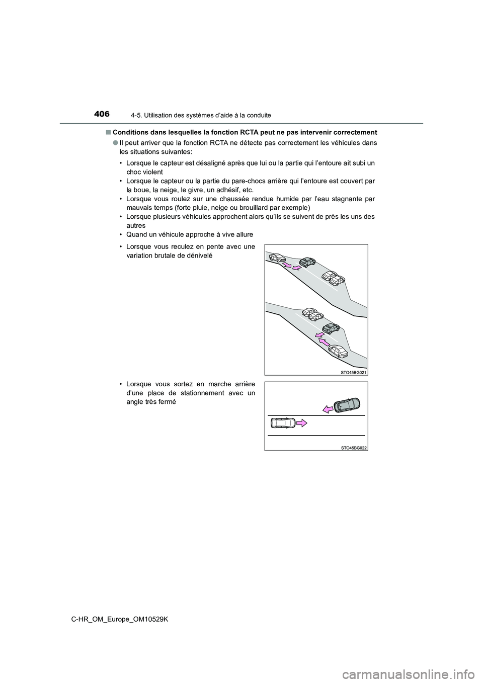 TOYOTA C-HR 2016  Manuel du propriétaire (in French) 4064-5. Utilisation des systèmes d’aide à la conduite
C-HR_OM_Europe_OM10529K 
■ Conditions dans lesquelles la fonction RCTA peut ne pas intervenir correctement 
● Il peut arriver que la fonct