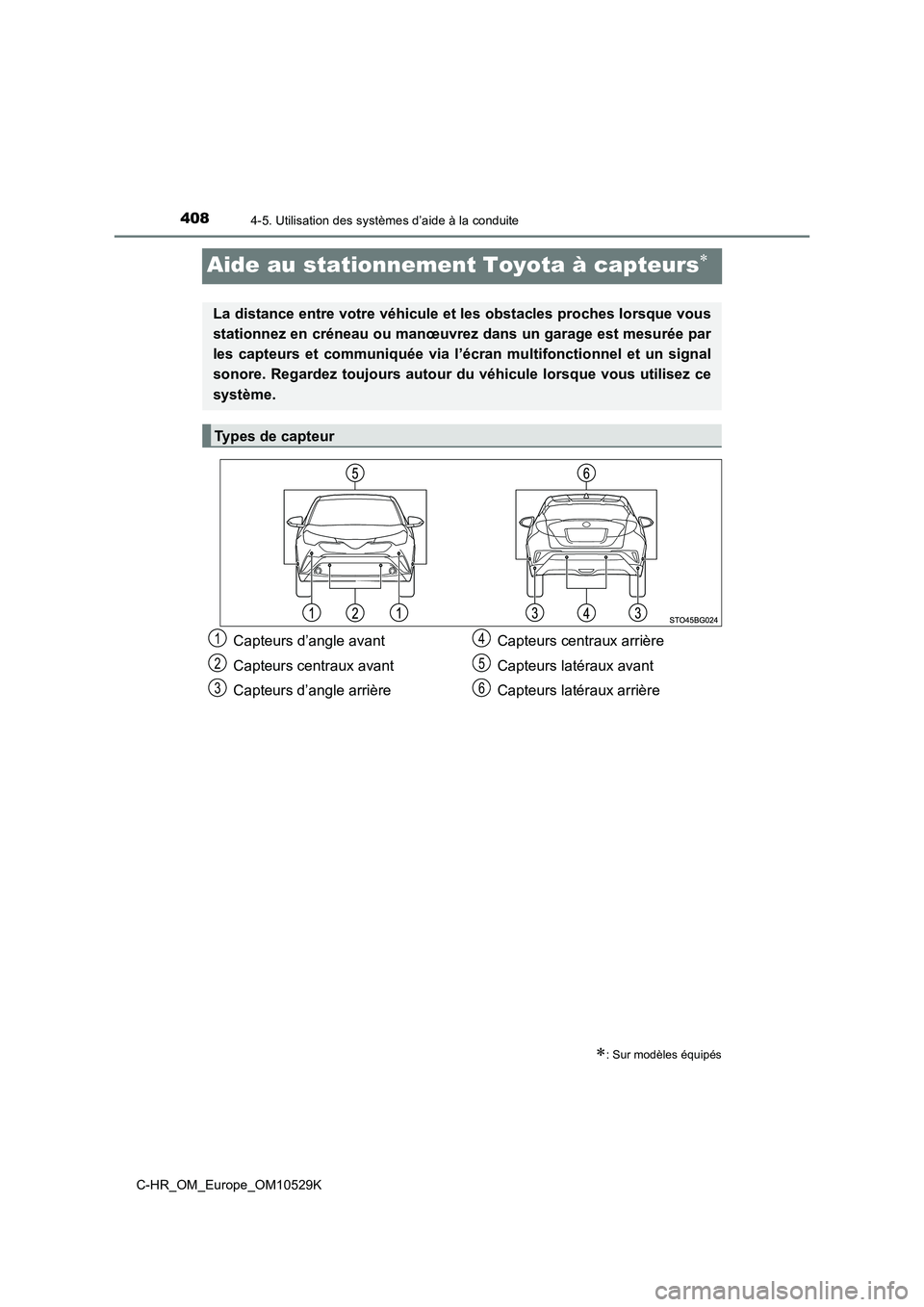 TOYOTA C-HR 2016  Manuel du propriétaire (in French) 4084-5. Utilisation des systèmes d’aide à la conduite
C-HR_OM_Europe_OM10529K
Aide au stationnement Toyota à capteurs
: Sur modèles équipés
La distance entre votre véhicule et les obsta