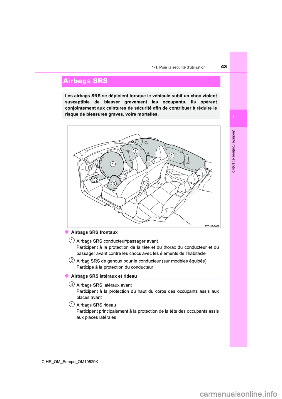 TOYOTA C-HR 2016 Manuel du propriétaire (in French) 431-1. Pour la sécurité d’utilisation
1
Sécurité routière et antivol
C-HR_OM_Europe_OM10529K
Airbags SRS
◆Airbags SRS frontaux
Airbags SRS conducteur/passager avant
Participent à la prote TOYOTA C-HR 2016 Manuel du propriétaire (in French) 431-1. Pour la sécurité d’utilisation
1
Sécurité routière et antivol
C-HR_OM_Europe_OM10529K
Airbags SRS
◆Airbags SRS frontaux
Airbags SRS conducteur/passager avant
Participent à la prote