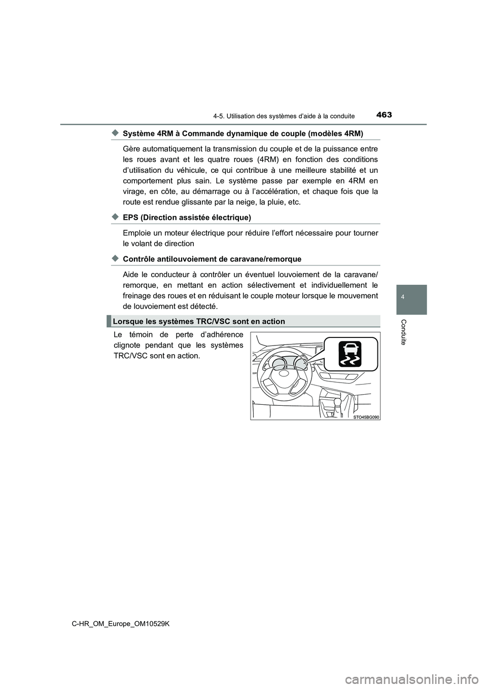 TOYOTA C-HR 2016  Manuel du propriétaire (in French) 4634-5. Utilisation des systèmes d’aide à la conduite
4
Conduite
C-HR_OM_Europe_OM10529K
◆Système 4RM à Commande dynamique de couple (modèles 4RM) 
Gère automatiquement la transmission du co