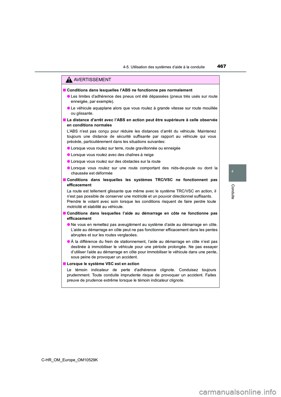 TOYOTA C-HR 2016  Manuel du propriétaire (in French) 4674-5. Utilisation des systèmes d’aide à la conduite
4
Conduite
C-HR_OM_Europe_OM10529K
AVERTISSEMENT
■Conditions dans lesquelles l’ABS ne fonctionne pas normalement 
● Les limites d’adh