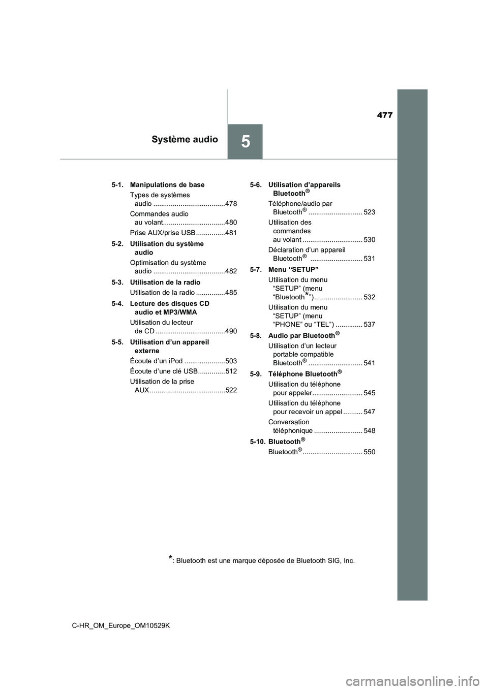 TOYOTA C-HR 2016  Manuel du propriétaire (in French) 477
5Système audio
C-HR_OM_Europe_OM10529K 
5-1. Manipulations de base 
Types de systèmes  
audio .....................................478 
Commandes audio  
au volant...............................