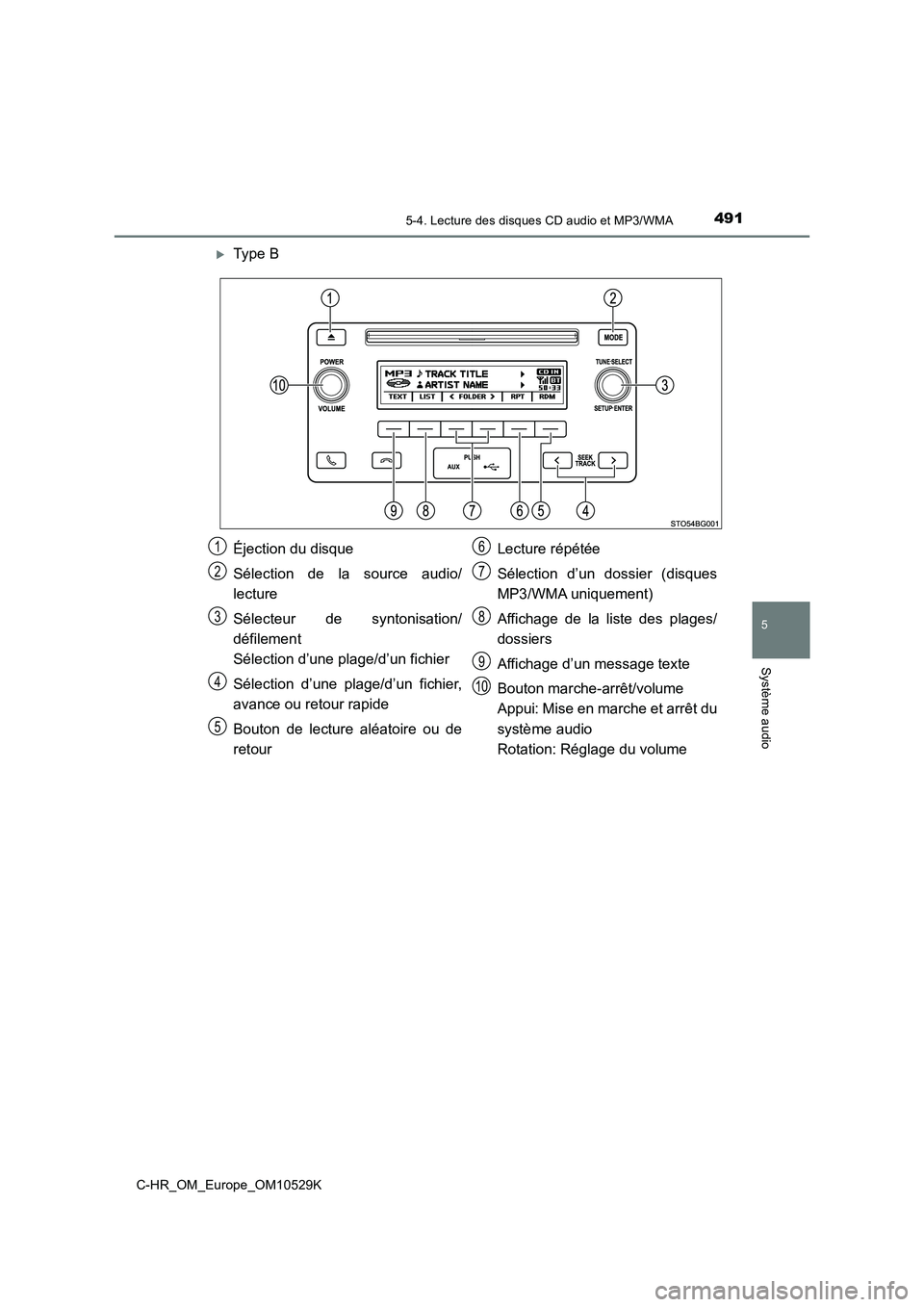 TOYOTA C-HR 2016 Manuel du propriétaire (in French) 4915-4. Lecture des disques CD audio et MP3/WMA
5
Système audio
C-HR_OM_Europe_OM10529K
Type B
Éjection du disque
Sélection de la source audio/
lecture
Sélecteur de syntonisation/
défileme TOYOTA C-HR 2016 Manuel du propriétaire (in French) 4915-4. Lecture des disques CD audio et MP3/WMA
5
Système audio
C-HR_OM_Europe_OM10529K
Type B
Éjection du disque
Sélection de la source audio/
lecture
Sélecteur de syntonisation/
défileme