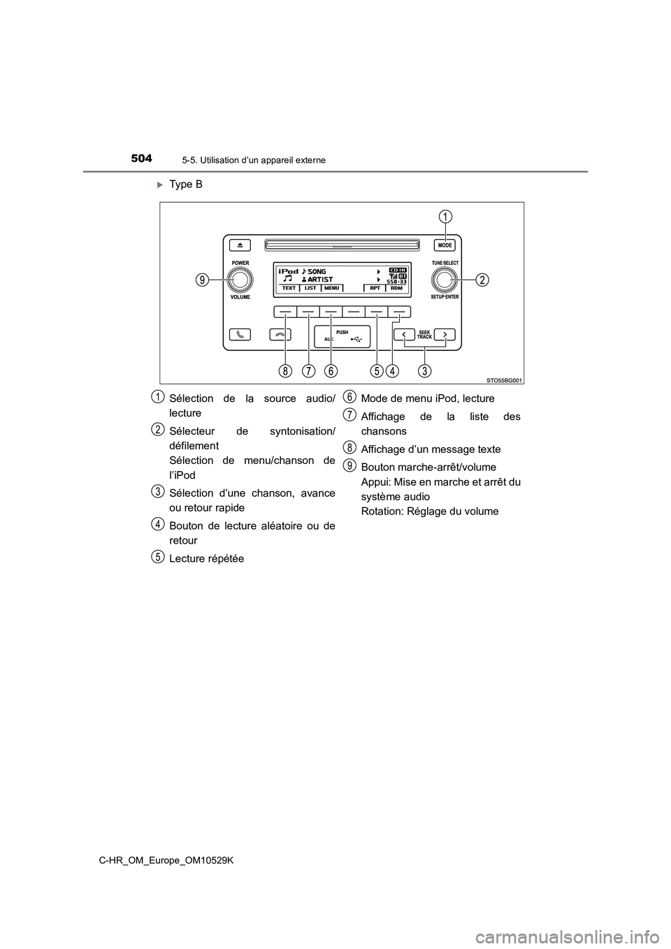 TOYOTA C-HR 2016 Manuel du propriétaire (in French) 5045-5. Utilisation d’un appareil externe
C-HR_OM_Europe_OM10529K
Type B
Sélection de la source audio/
lecture
Sélecteur de syntonisation/
défilement
Sélection de menu/chanson de
l’iPo TOYOTA C-HR 2016 Manuel du propriétaire (in French) 5045-5. Utilisation d’un appareil externe
C-HR_OM_Europe_OM10529K
Type B
Sélection de la source audio/
lecture
Sélecteur de syntonisation/
défilement
Sélection de menu/chanson de
l’iPo