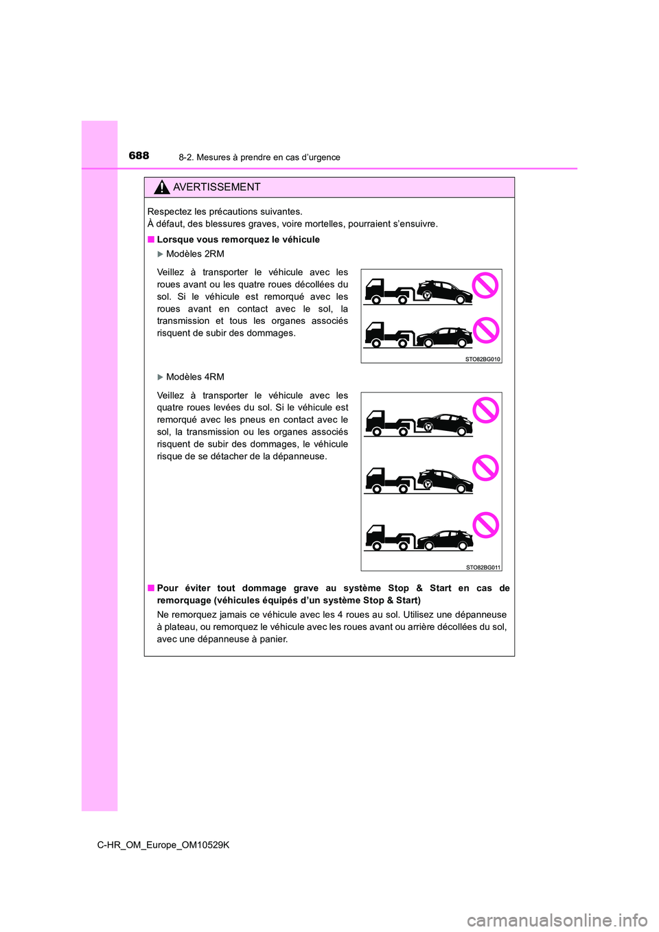 TOYOTA C-HR 2016  Manuel du propriétaire (in French) 6888-2. Mesures à prendre en cas d’urgence
C-HR_OM_Europe_OM10529K
AVERTISSEMENT
Respectez les précautions suivantes.  
À défaut, des blessures graves, voire mortelles, pourraient s’ensuivre. 