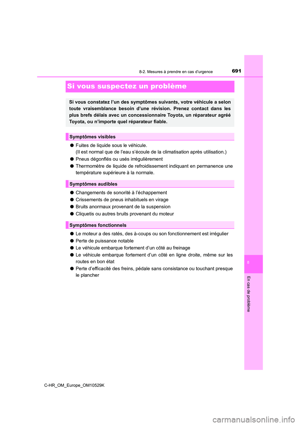 TOYOTA C-HR 2016 Manuel du propriétaire (in French) 6918-2. Mesures à prendre en cas d’urgence
8
En cas de problème
C-HR_OM_Europe_OM10529K
Si vous suspectez un problème
●Fuites de liquide sous le véhicule.
(Il est normal que de l’eau s’ TOYOTA C-HR 2016 Manuel du propriétaire (in French) 6918-2. Mesures à prendre en cas d’urgence
8
En cas de problème
C-HR_OM_Europe_OM10529K
Si vous suspectez un problème
●Fuites de liquide sous le véhicule.
(Il est normal que de l’eau s’