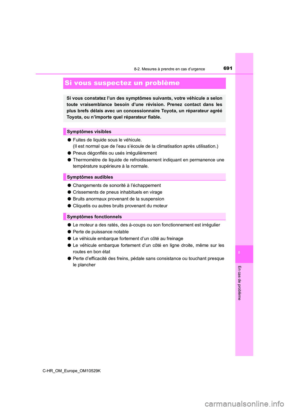 TOYOTA C-HR 2016  Manuel du propriétaire (in French) 6918-2. Mesures à prendre en cas d’urgence
8
En cas de problème
C-HR_OM_Europe_OM10529K
Si vous suspectez un problème
●Fuites de liquide sous le véhicule.  
(Il est normal que de l’eau s’�