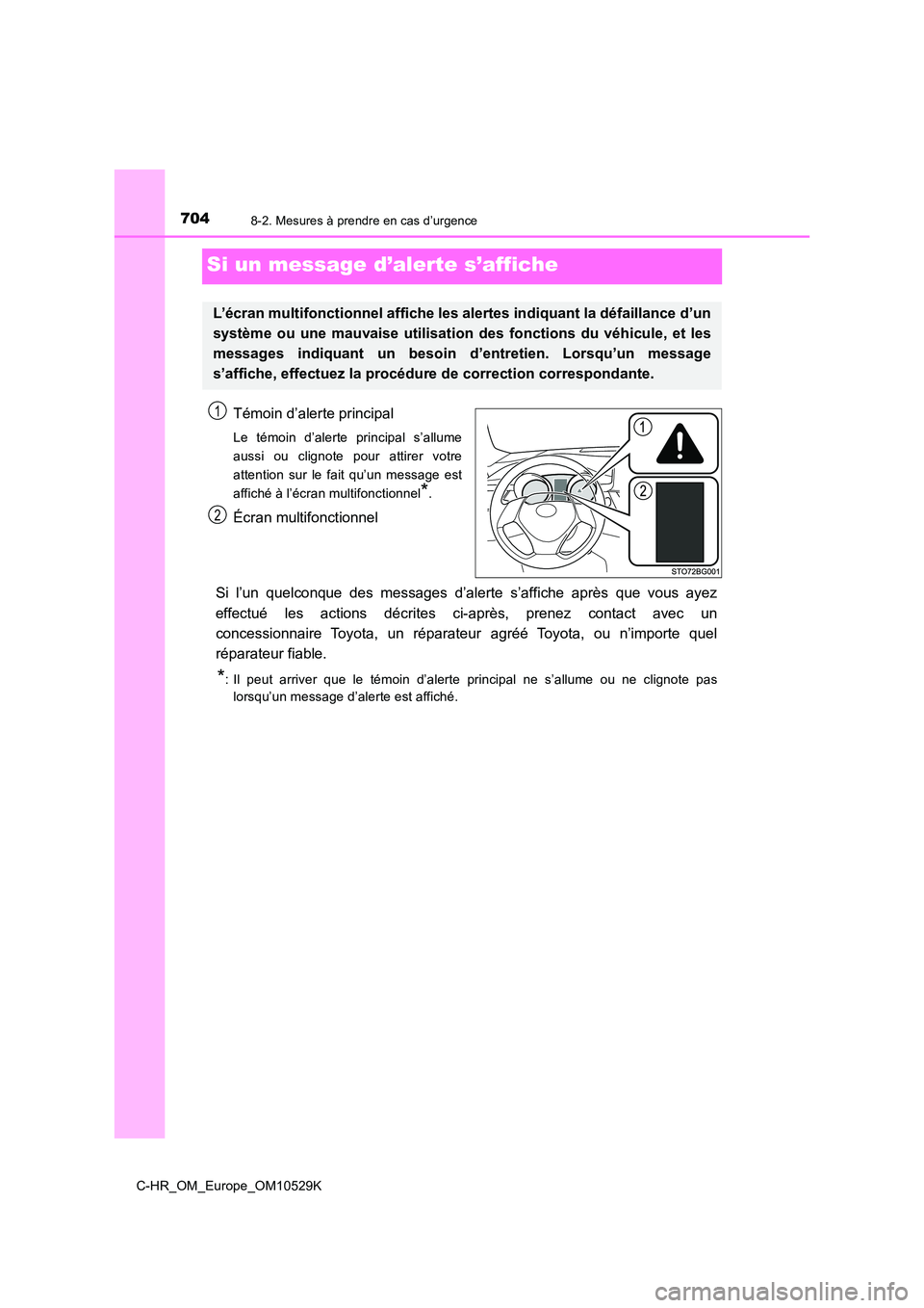 TOYOTA C-HR 2016 Manuel du propriétaire (in French) 7048-2. Mesures à prendre en cas d’urgence
C-HR_OM_Europe_OM10529K
Si un message d’alerte s’affiche
Témoin d’alerte principal
Le témoin d’alerte principal s’allume
aussi ou clignote po TOYOTA C-HR 2016 Manuel du propriétaire (in French) 7048-2. Mesures à prendre en cas d’urgence
C-HR_OM_Europe_OM10529K
Si un message d’alerte s’affiche
Témoin d’alerte principal
Le témoin d’alerte principal s’allume
aussi ou clignote po