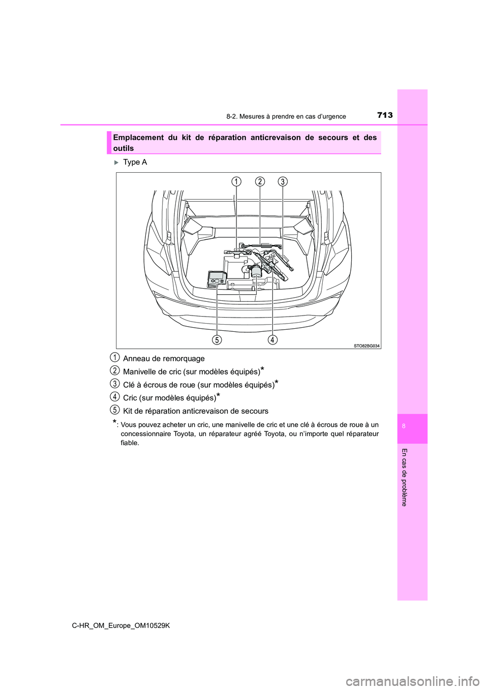 TOYOTA C-HR 2016  Manuel du propriétaire (in French) 7138-2. Mesures à prendre en cas d’urgence
8
En cas de problème
C-HR_OM_Europe_OM10529K
Type A 
Anneau de remorquage 
Manivelle de cric (sur modèles équipés)*
Clé à écrous de roue (sur mo