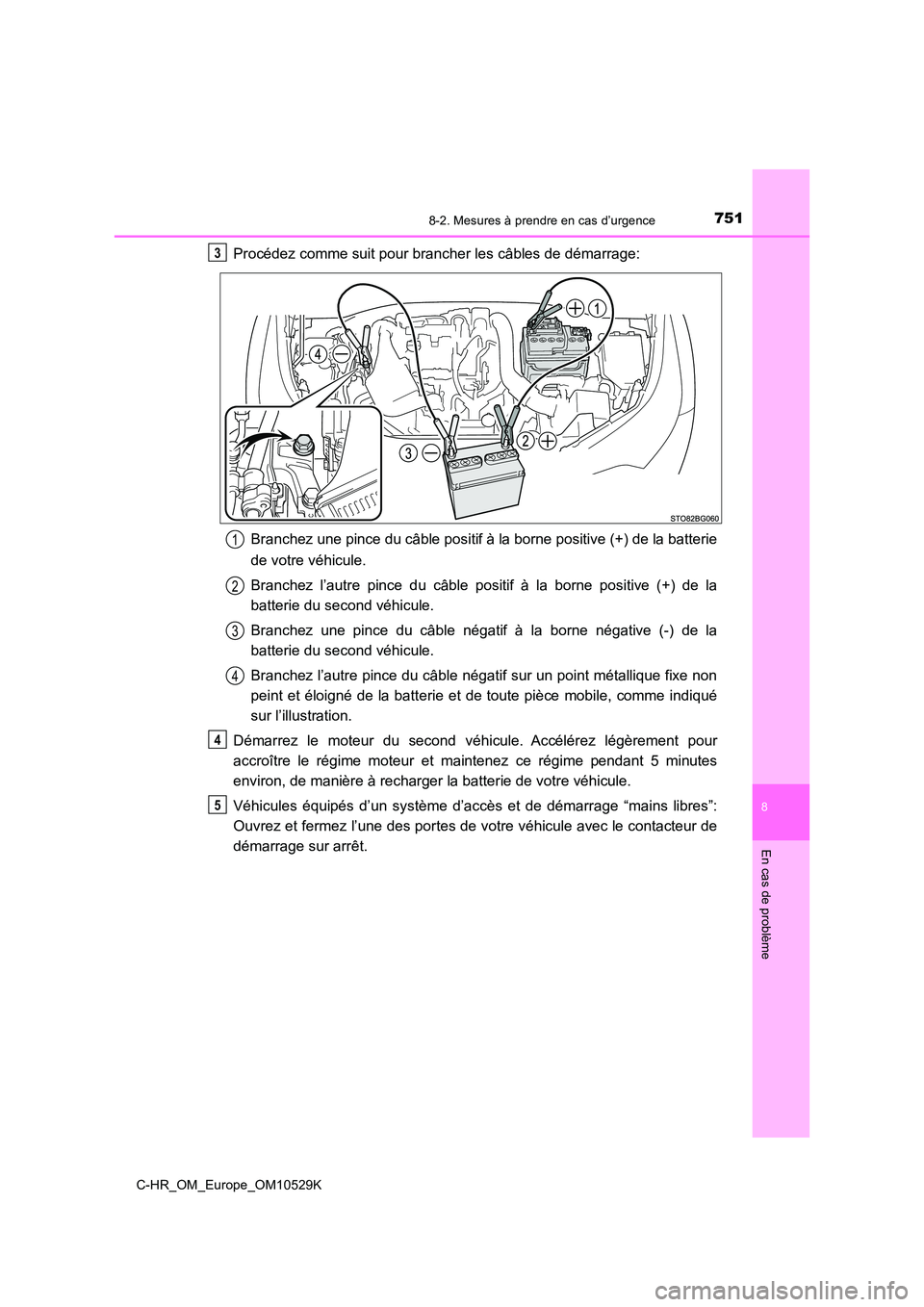 TOYOTA C-HR 2016 Manuel du propriétaire (in French) 7518-2. Mesures à prendre en cas d’urgence
8
En cas de problème
C-HR_OM_Europe_OM10529K
Procédez comme suit pour brancher les câbles de démarrage:
Branchez une pince du câble positif à la bo TOYOTA C-HR 2016 Manuel du propriétaire (in French) 7518-2. Mesures à prendre en cas d’urgence
8
En cas de problème
C-HR_OM_Europe_OM10529K
Procédez comme suit pour brancher les câbles de démarrage:
Branchez une pince du câble positif à la bo