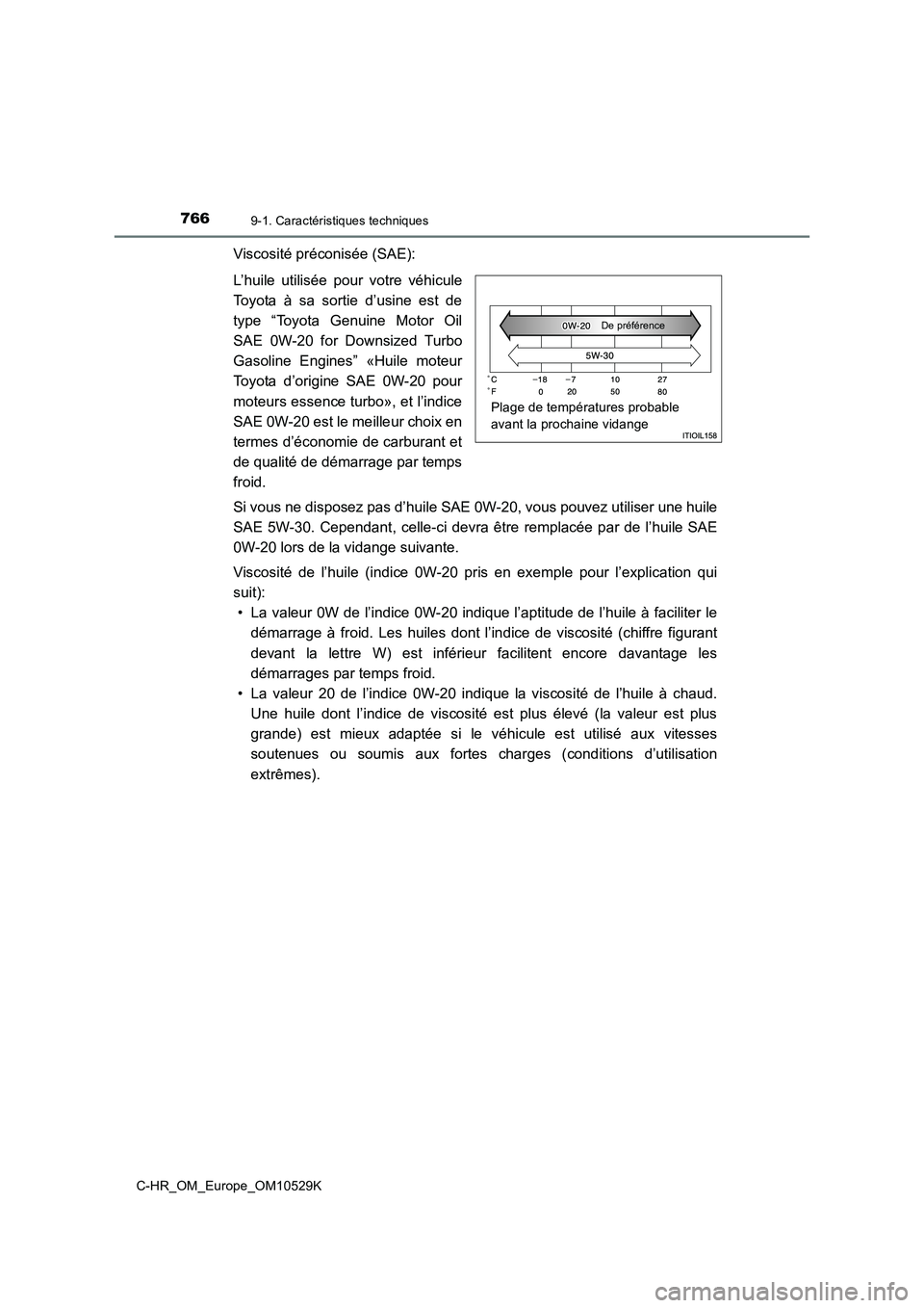 TOYOTA C-HR 2016  Manuel du propriétaire (in French) 7669-1. Caractéristiques techniques
C-HR_OM_Europe_OM10529K
Viscosité préconisée (SAE): 
L’huile utilisée pour votre véhicule 
Toyota à sa sortie d’usine est de
type “Toyota Genuine Motor