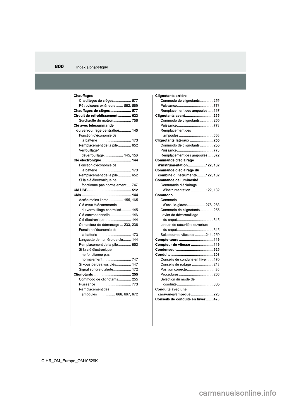 TOYOTA C-HR 2016  Manuel du propriétaire (in French) 800Index alphabétique
C-HR_OM_Europe_OM10529K
Chauffages 
Chauffages de sièges.................. 577 
Rétroviseurs extérieurs ....... 562, 569 
Chauffages de sièges ..................... 577 
Cir