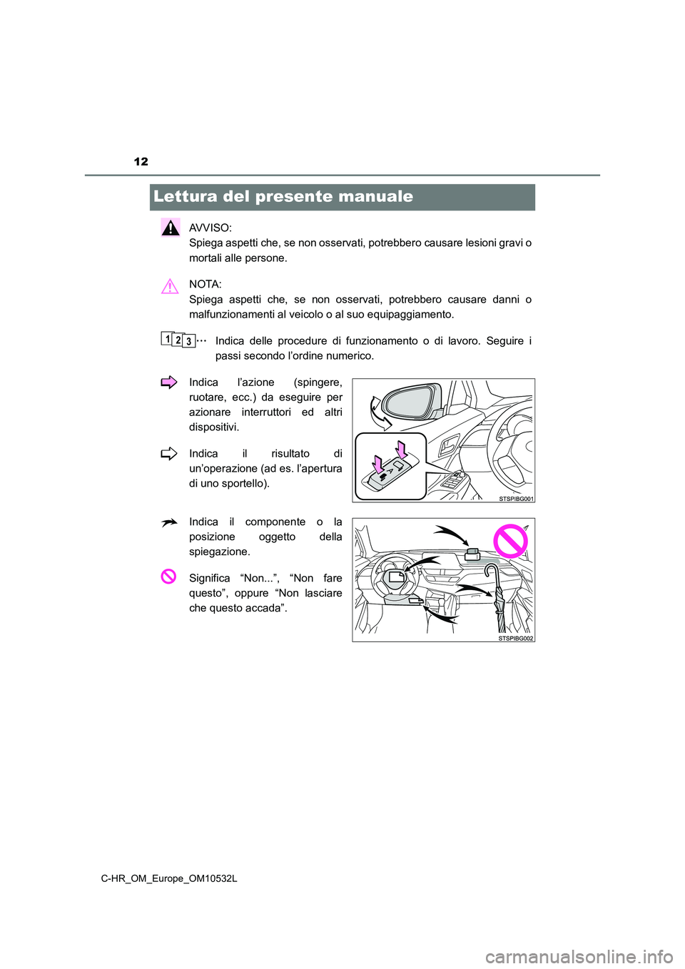 TOYOTA C-HR 2016 Manuale duso (in Italian) 12
C-HR_OM_Europe_OM10532L
Lettura del presente manuale
AVVISO:
Spiega aspetti che, se non osservati, potrebbero causare lesioni gravi o
mortali alle persone.
NOTA:
Spiega aspetti che, se non os TOYOTA C-HR 2016 Manuale duso (in Italian) 12
C-HR_OM_Europe_OM10532L
Lettura del presente manuale
AVVISO:
Spiega aspetti che, se non osservati, potrebbero causare lesioni gravi o
mortali alle persone.
NOTA:
Spiega aspetti che, se non os