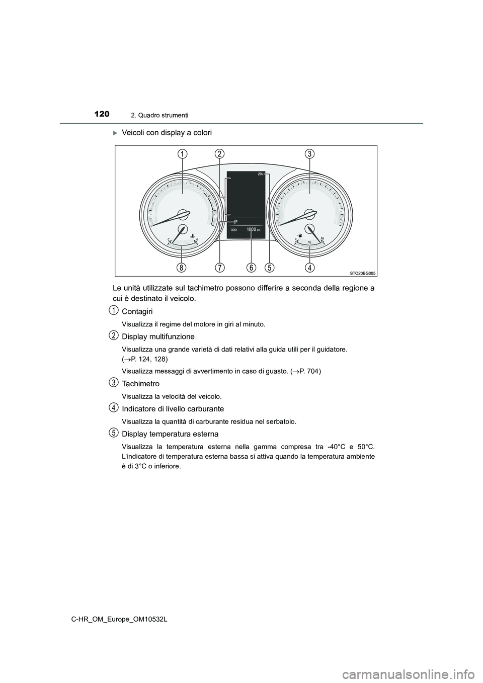TOYOTA C-HR 2017 Manuale duso (in Italian) 1202. Quadro strumenti
C-HR_OM_Europe_OM10532L
Veicoli con display a colori
Le unità utilizzate sul tachimetro possono differire a seconda della regione a
cui è destinato il veicolo.
Contagiri
Vi TOYOTA C-HR 2017 Manuale duso (in Italian) 1202. Quadro strumenti
C-HR_OM_Europe_OM10532L
Veicoli con display a colori
Le unità utilizzate sul tachimetro possono differire a seconda della regione a
cui è destinato il veicolo.
Contagiri
Vi