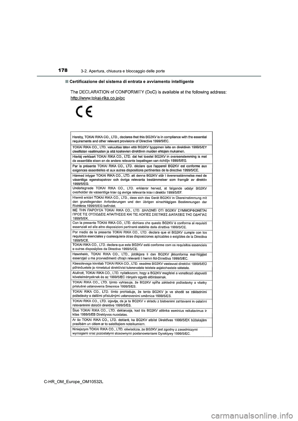 TOYOTA C-HR 2017 Manuale duso (in Italian) 1783-2. Apertura, chiusura e bloccaggio delle porte
C-HR_OM_Europe_OM10532L■Certificazione del sistema di entrata e avviamento intelligente TOYOTA C-HR 2017 Manuale duso (in Italian) 1783-2. Apertura, chiusura e bloccaggio delle porte
C-HR_OM_Europe_OM10532L■Certificazione del sistema di entrata e avviamento intelligente