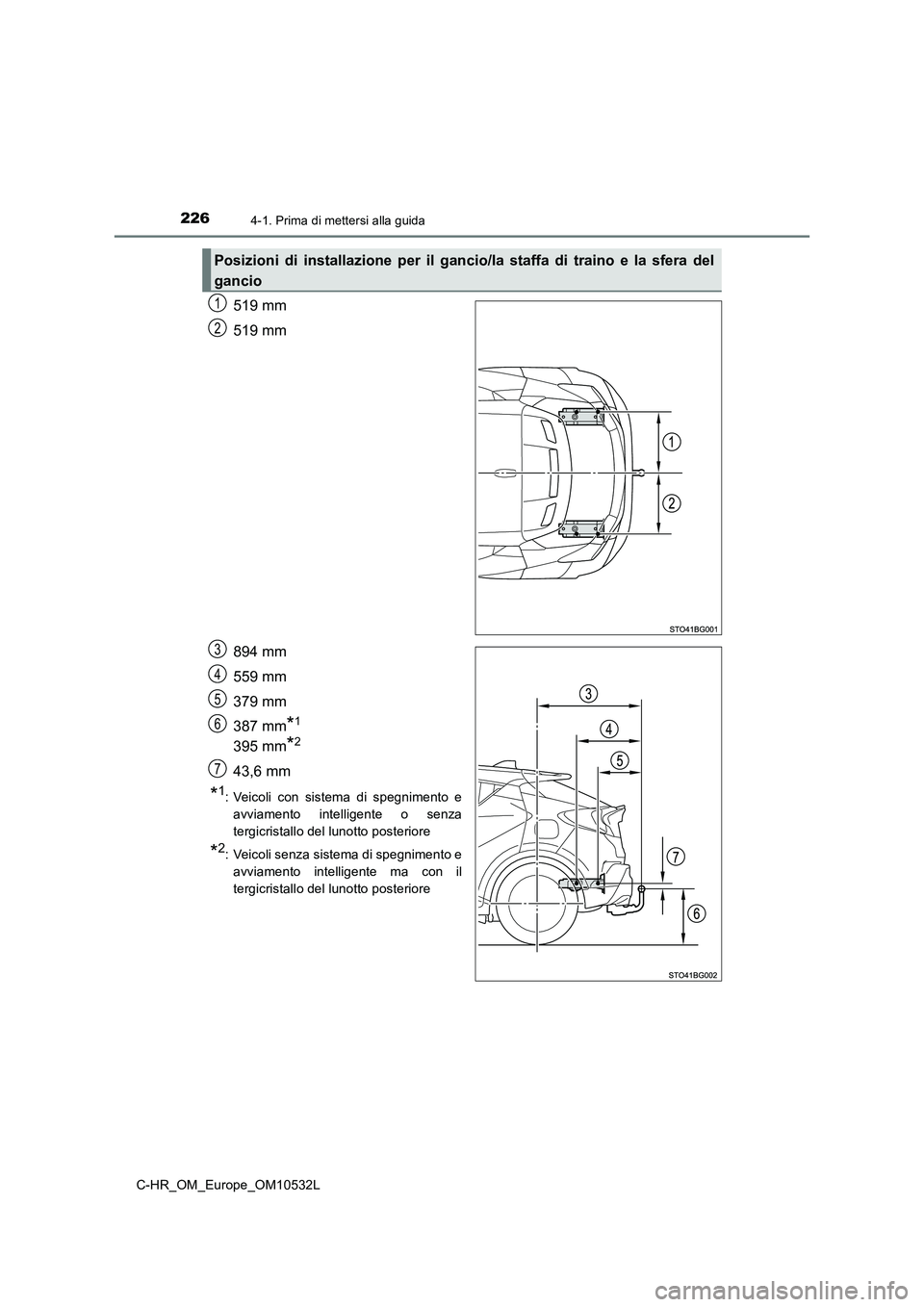 TOYOTA C-HR 2017 Manuale duso (in Italian) 2264-1. Prima di mettersi alla guida
C-HR_OM_Europe_OM10532L
519 mm
519 mm
894 mm
559 mm
379 mm
387 mm
*1
395 mm*2
43,6 mm
*1
: Veicoli con sistema di spegnimento e
avviamento intelligente o senza
ter TOYOTA C-HR 2017 Manuale duso (in Italian) 2264-1. Prima di mettersi alla guida
C-HR_OM_Europe_OM10532L
519 mm
519 mm
894 mm
559 mm
379 mm
387 mm
*1
395 mm*2
43,6 mm
*1
: Veicoli con sistema di spegnimento e
avviamento intelligente o senza
ter