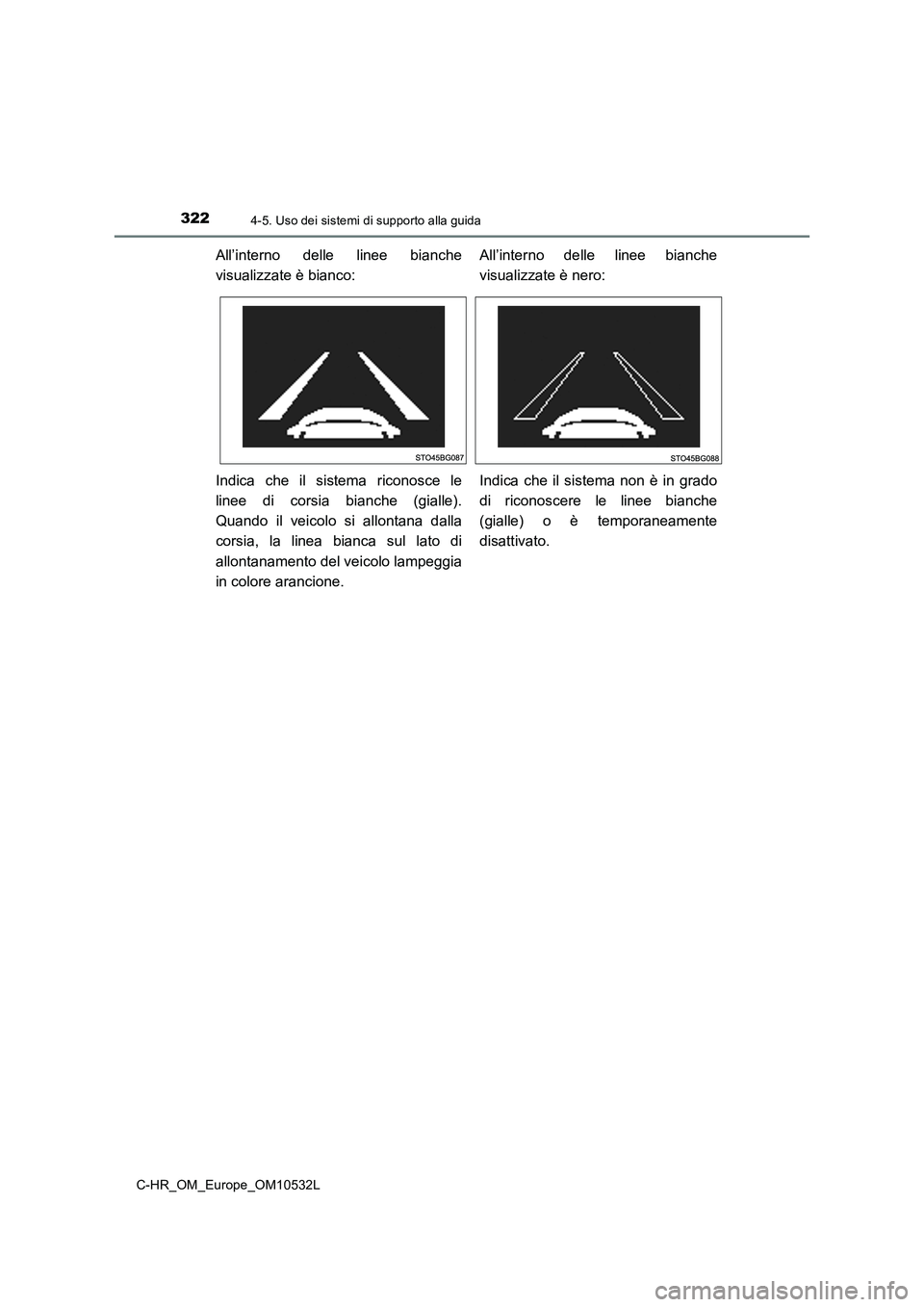 TOYOTA C-HR 2017 Manuale duso (in Italian) 3224-5. Uso dei sistemi di supporto alla guida
C-HR_OM_Europe_OM10532L
All’interno delle linee bianche
visualizzate è bianco:
All’interno delle linee bianche
visualizzate è nero:
Indica che TOYOTA C-HR 2017 Manuale duso (in Italian) 3224-5. Uso dei sistemi di supporto alla guida
C-HR_OM_Europe_OM10532L
All’interno delle linee bianche
visualizzate è bianco:
All’interno delle linee bianche
visualizzate è nero:
Indica che