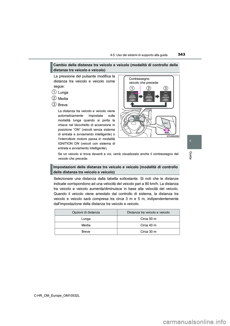 TOYOTA C-HR 2017 Manuale duso (in Italian) 3434-5. Uso dei sistemi di supporto alla guida
4
Guida
C-HR_OM_Europe_OM10532L
La pressione del pulsante modifica la
distanza tra veicolo e veicolo come
segue:
Lunga
Media
Breve
La distanza tra ve TOYOTA C-HR 2017 Manuale duso (in Italian) 3434-5. Uso dei sistemi di supporto alla guida
4
Guida
C-HR_OM_Europe_OM10532L
La pressione del pulsante modifica la
distanza tra veicolo e veicolo come
segue:
Lunga
Media
Breve
La distanza tra ve