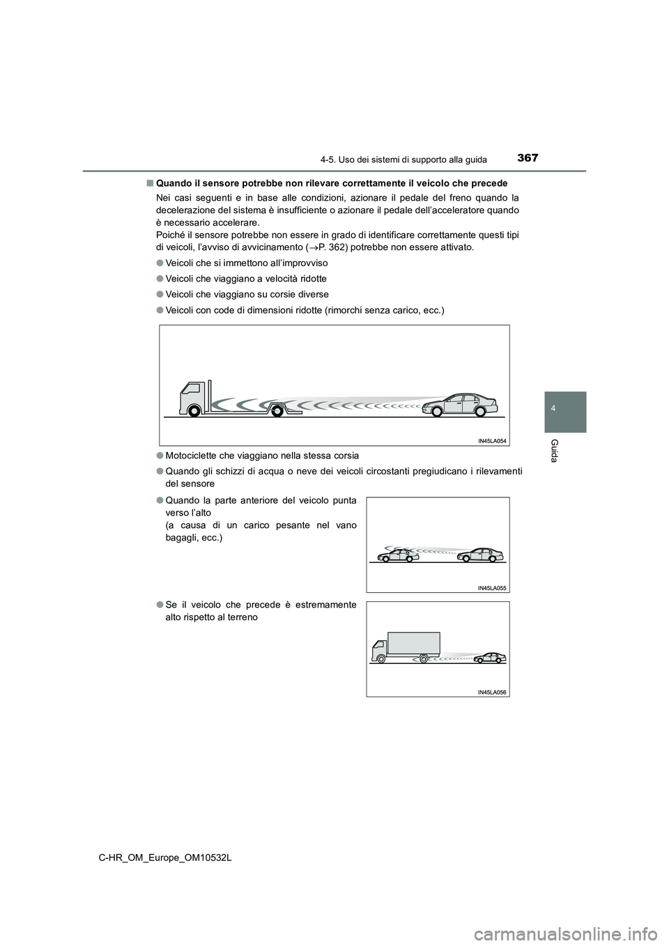 TOYOTA C-HR 2017 Manuale duso (in Italian) 3674-5. Uso dei sistemi di supporto alla guida
4
Guida
C-HR_OM_Europe_OM10532L■Quando il sensore potrebbe non rilevare correttamente il veicolo che precede
Nei casi seguenti e in base alle condizion TOYOTA C-HR 2017 Manuale duso (in Italian) 3674-5. Uso dei sistemi di supporto alla guida
4
Guida
C-HR_OM_Europe_OM10532L■Quando il sensore potrebbe non rilevare correttamente il veicolo che precede
Nei casi seguenti e in base alle condizion