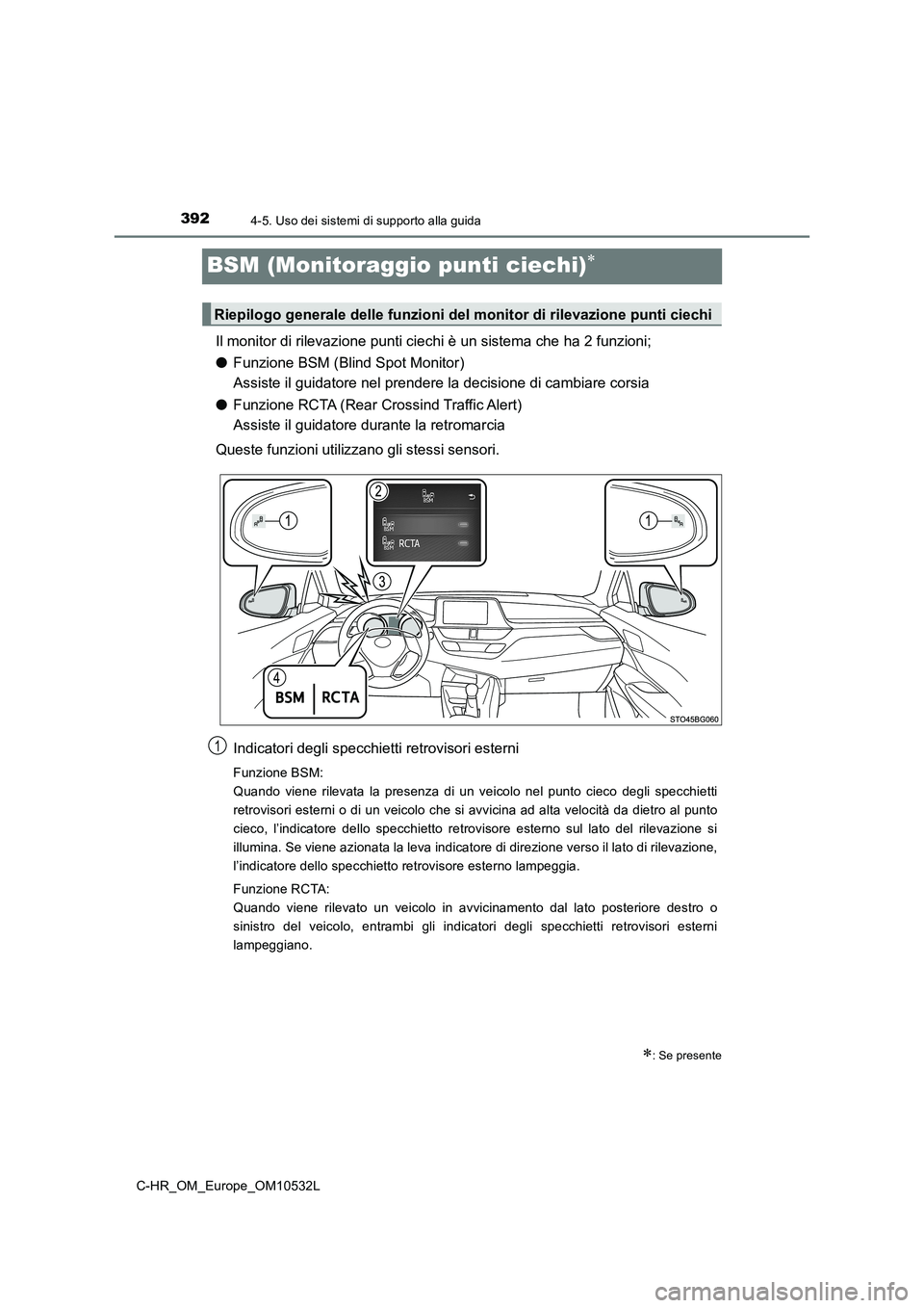 TOYOTA C-HR 2017 Manuale duso (in Italian) 3924-5. Uso dei sistemi di supporto alla guida
C-HR_OM_Europe_OM10532L
BSM (Monitoraggio punti ciechi)
Il monitor di rilevazione punti ciechi è un sistema che ha 2 funzioni;
●Funzione BSM (Blind TOYOTA C-HR 2017 Manuale duso (in Italian) 3924-5. Uso dei sistemi di supporto alla guida
C-HR_OM_Europe_OM10532L
BSM (Monitoraggio punti ciechi)
Il monitor di rilevazione punti ciechi è un sistema che ha 2 funzioni;
●Funzione BSM (Blind