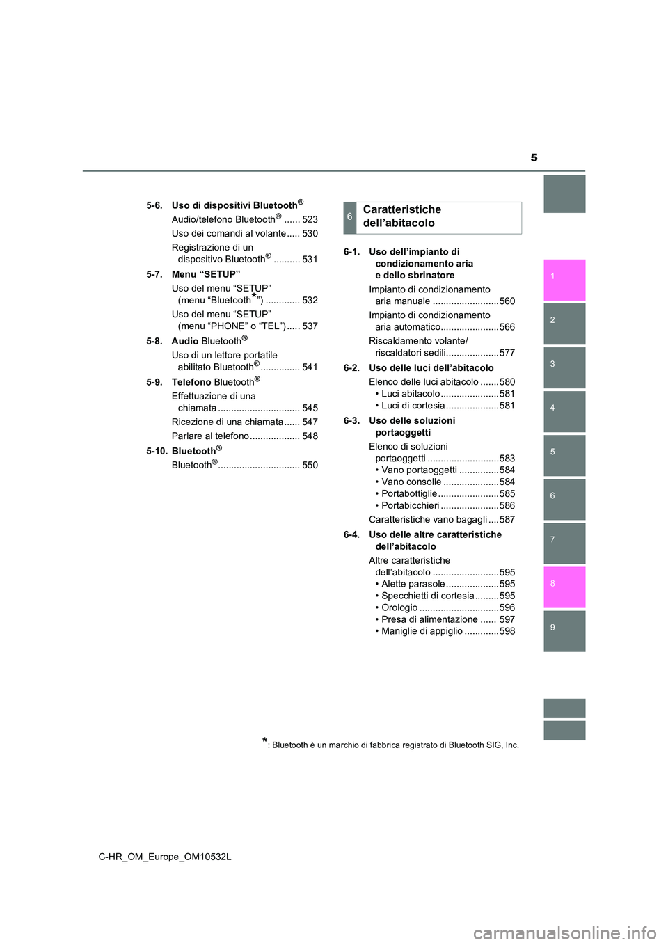 TOYOTA C-HR 2017  Manuale duso (in Italian) 5
1 
9 
8
7 
5 
4
3
2
C-HR_OM_Europe_OM10532L
6
5-6. Uso di dispositivi Bluetooth®
Audio/telefono Bluetooth® ...... 523 
Uso dei comandi al volante ..... 530
Registrazione di un  
dispositivo Blueto