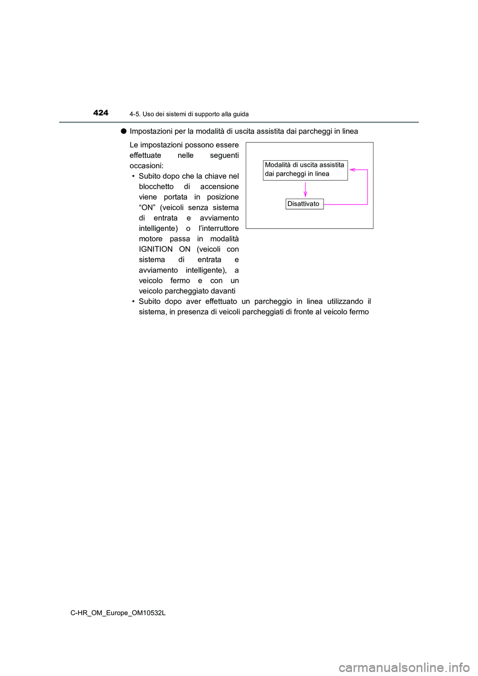 TOYOTA C-HR 2016 Manuale duso (in Italian) 4244-5. Uso dei sistemi di supporto alla guida
C-HR_OM_Europe_OM10532L
●Impostazioni per la modalità di uscita assistita dai parcheggi in linea
Le impostazioni possono essere
effettuate nelle seg TOYOTA C-HR 2016 Manuale duso (in Italian) 4244-5. Uso dei sistemi di supporto alla guida
C-HR_OM_Europe_OM10532L
●Impostazioni per la modalità di uscita assistita dai parcheggi in linea
Le impostazioni possono essere
effettuate nelle seg