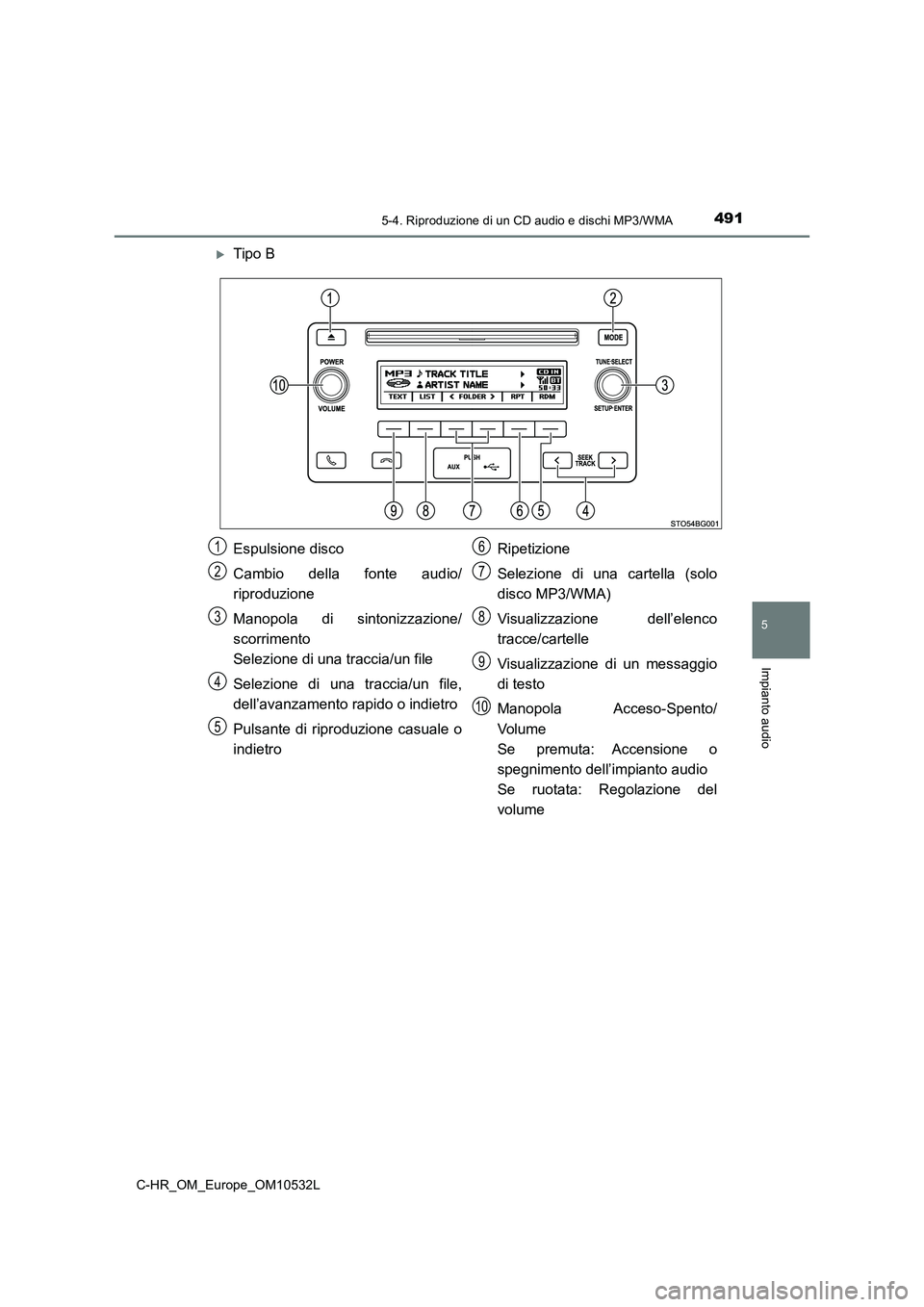 TOYOTA C-HR 2017 Manuale duso (in Italian) 4915-4. Riproduzione di un CD audio e dischi MP3/WMA
5
Impianto audio
C-HR_OM_Europe_OM10532L
Tipo B
Espulsione disco
Cambio della fonte audio/
riproduzione
Manopola di sintonizzazione/
scorrimento TOYOTA C-HR 2017 Manuale duso (in Italian) 4915-4. Riproduzione di un CD audio e dischi MP3/WMA
5
Impianto audio
C-HR_OM_Europe_OM10532L
Tipo B
Espulsione disco
Cambio della fonte audio/
riproduzione
Manopola di sintonizzazione/
scorrimento