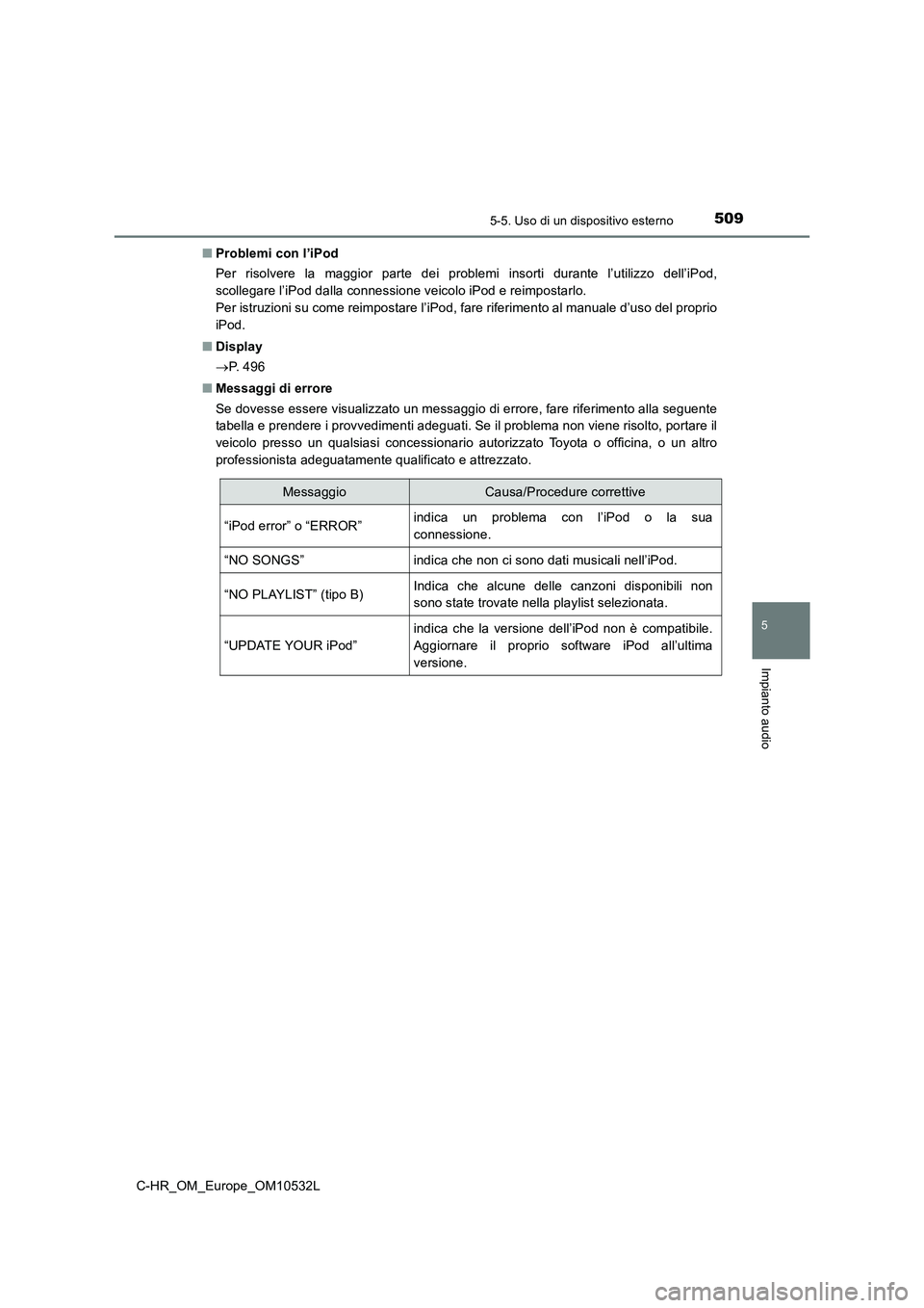 TOYOTA C-HR 2017 Manuale duso (in Italian) 5095-5. Uso di un dispositivo esterno
5
Impianto audio
C-HR_OM_Europe_OM10532L■Problemi con l’iPod
Per risolvere la maggior parte dei problemi insorti durante l’utilizzo dell’iPod,
scollegare TOYOTA C-HR 2017 Manuale duso (in Italian) 5095-5. Uso di un dispositivo esterno
5
Impianto audio
C-HR_OM_Europe_OM10532L■Problemi con l’iPod
Per risolvere la maggior parte dei problemi insorti durante l’utilizzo dell’iPod,
scollegare