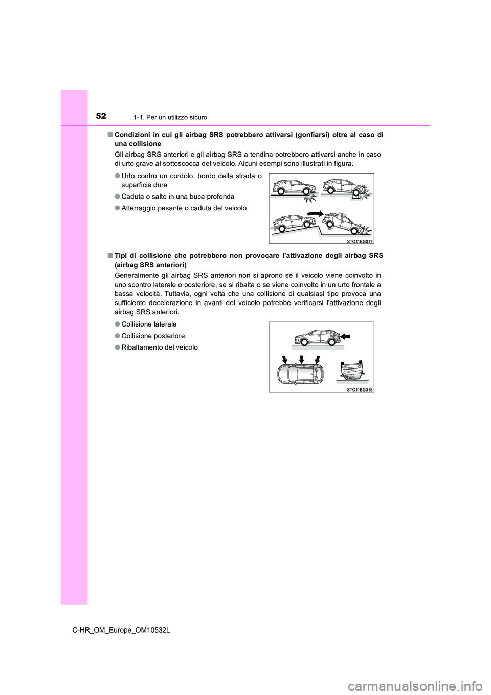 TOYOTA C-HR 2017 Manuale duso (in Italian) 521-1. Per un utilizzo sicuro
C-HR_OM_Europe_OM10532L
■ Condizioni in cui gli airbag SRS potrebbero attivarsi (gonfiarsi) oltre al caso di
una collisione
Gli airbag SRS anteriori e gli airbag SR TOYOTA C-HR 2017 Manuale duso (in Italian) 521-1. Per un utilizzo sicuro
C-HR_OM_Europe_OM10532L
■ Condizioni in cui gli airbag SRS potrebbero attivarsi (gonfiarsi) oltre al caso di
una collisione
Gli airbag SRS anteriori e gli airbag SR