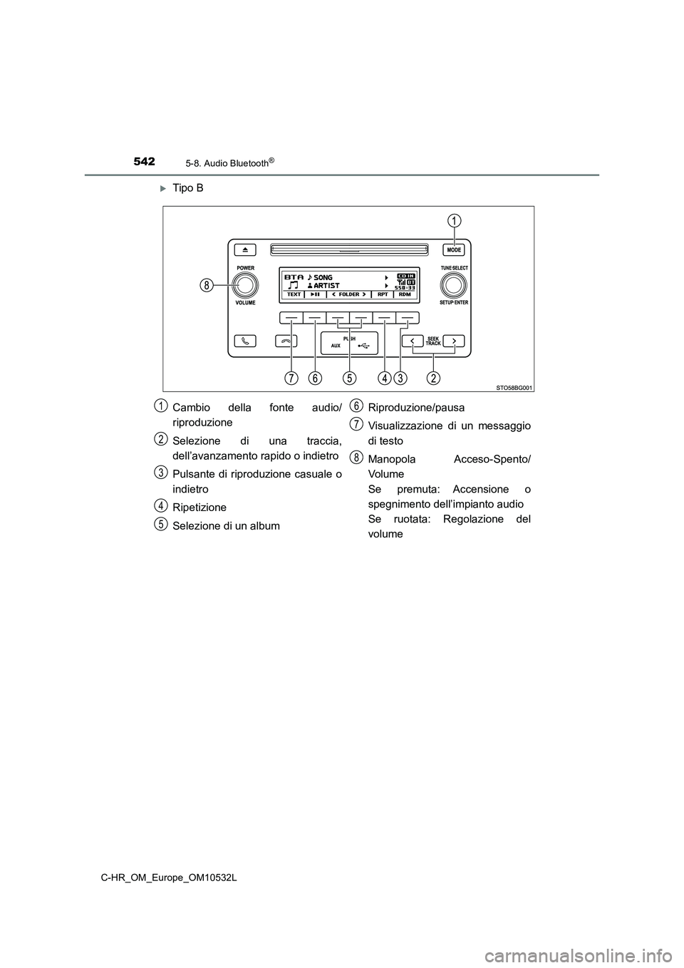 TOYOTA C-HR 2017 Manuale duso (in Italian) 5425-8. Audio Bluetooth®
C-HR_OM_Europe_OM10532L
Tipo B
Cambio della fonte audio/
riproduzione
Selezione di una traccia,
dell’avanzamento rapido o indietro
Pulsante di riproduzione casuale o
ind TOYOTA C-HR 2017 Manuale duso (in Italian) 5425-8. Audio Bluetooth®
C-HR_OM_Europe_OM10532L
Tipo B
Cambio della fonte audio/
riproduzione
Selezione di una traccia,
dell’avanzamento rapido o indietro
Pulsante di riproduzione casuale o
ind