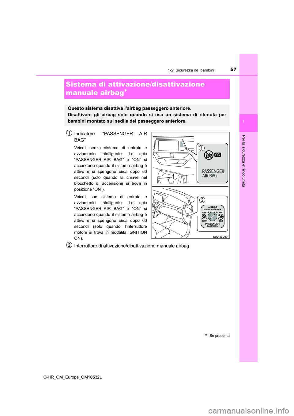 TOYOTA C-HR 2017 Manuale duso (in Italian) 571-2. Sicurezza dei bambini
1
Per la sicurezza e l’incolumità
C-HR_OM_Europe_OM10532L
Sistema di attivazione/disattivazione
manuale airbag
Indicatore “PASSENGER AIR
BAG”
Veicoli senza si TOYOTA C-HR 2017 Manuale duso (in Italian) 571-2. Sicurezza dei bambini
1
Per la sicurezza e l’incolumità
C-HR_OM_Europe_OM10532L
Sistema di attivazione/disattivazione
manuale airbag
Indicatore “PASSENGER AIR
BAG”
Veicoli senza si