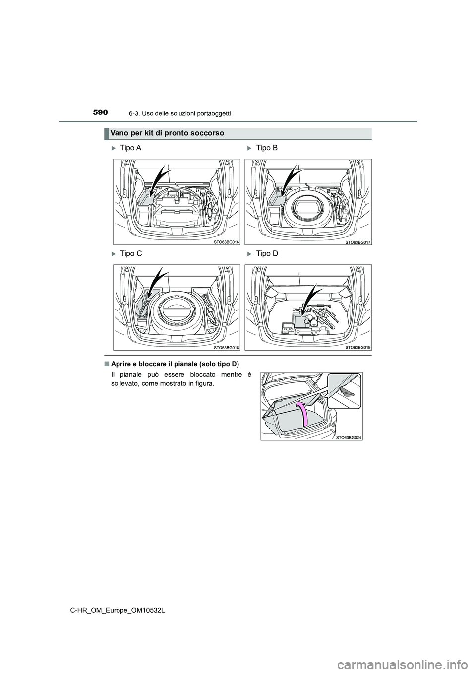 TOYOTA C-HR 2017  Manuale duso (in Italian) 5906-3. Uso delle soluzioni portaoggetti
C-HR_OM_Europe_OM10532L
■Aprire e bloccare il pianale (solo tipo D)
Vano per kit di pronto soccorso
Tipo ATipo B
Tipo CTipo D
Il pianale può ess