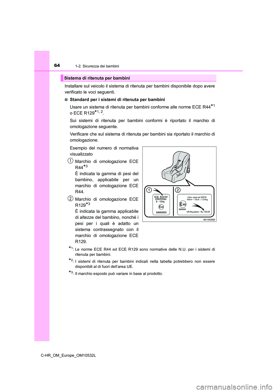 TOYOTA C-HR 2017 Manuale duso (in Italian) 641-2. Sicurezza dei bambini
C-HR_OM_Europe_OM10532L
Installare sul veicolo il sistema di ritenuta per bambini disponibile dopo avere
verificato le voci seguenti.
■Standard per i sistemi di ritenut TOYOTA C-HR 2017 Manuale duso (in Italian) 641-2. Sicurezza dei bambini
C-HR_OM_Europe_OM10532L
Installare sul veicolo il sistema di ritenuta per bambini disponibile dopo avere
verificato le voci seguenti.
■Standard per i sistemi di ritenut