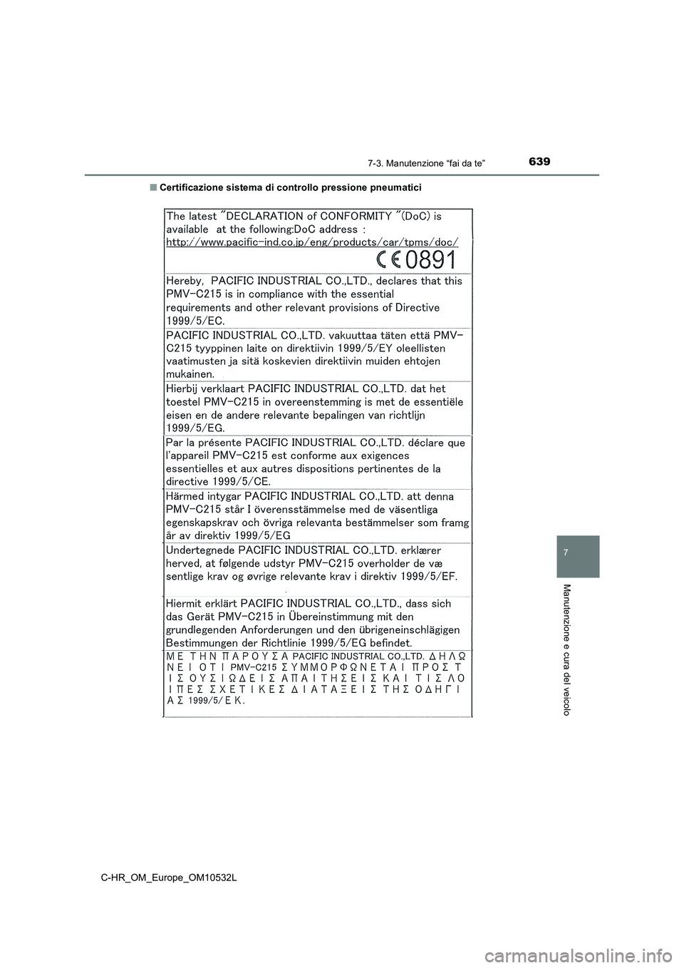 TOYOTA C-HR 2017 Manuale duso (in Italian) 6397-3. Manutenzione “fai da te”
7
Manutenzione e cura del veicolo
C-HR_OM_Europe_OM10532L■Certificazione sistema di controllo pressione pneumatici TOYOTA C-HR 2017 Manuale duso (in Italian) 6397-3. Manutenzione “fai da te”
7
Manutenzione e cura del veicolo
C-HR_OM_Europe_OM10532L■Certificazione sistema di controllo pressione pneumatici