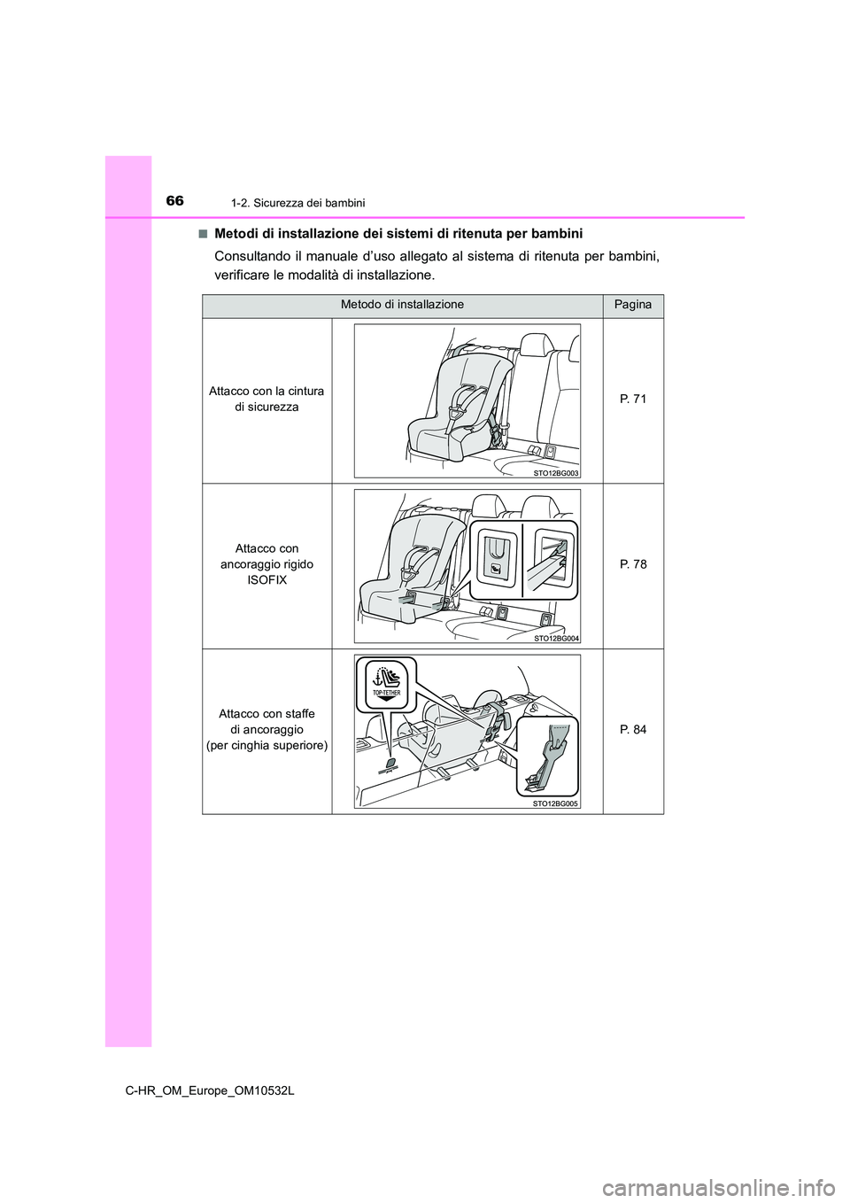TOYOTA C-HR 2017 Manuale duso (in Italian) 661-2. Sicurezza dei bambini
C-HR_OM_Europe_OM10532L
■Metodi di installazione dei sistemi di ritenuta per bambini
Consultando il manuale d’uso allegato al sistema di ritenuta per bambini,
veri TOYOTA C-HR 2017 Manuale duso (in Italian) 661-2. Sicurezza dei bambini
C-HR_OM_Europe_OM10532L
■Metodi di installazione dei sistemi di ritenuta per bambini
Consultando il manuale d’uso allegato al sistema di ritenuta per bambini,
veri