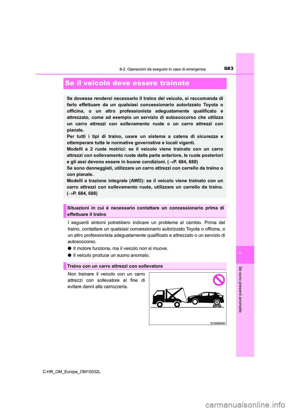 TOYOTA C-HR 2017 Manuale duso (in Italian) 6838-2. Operazioni da eseguire in caso di emergenza
8
Se sono presenti anomalie
C-HR_OM_Europe_OM10532L
Se il veicolo deve essere trainato
I seguenti sintomi potrebbero indicare un problema al cambio. TOYOTA C-HR 2017 Manuale duso (in Italian) 6838-2. Operazioni da eseguire in caso di emergenza
8
Se sono presenti anomalie
C-HR_OM_Europe_OM10532L
Se il veicolo deve essere trainato
I seguenti sintomi potrebbero indicare un problema al cambio.