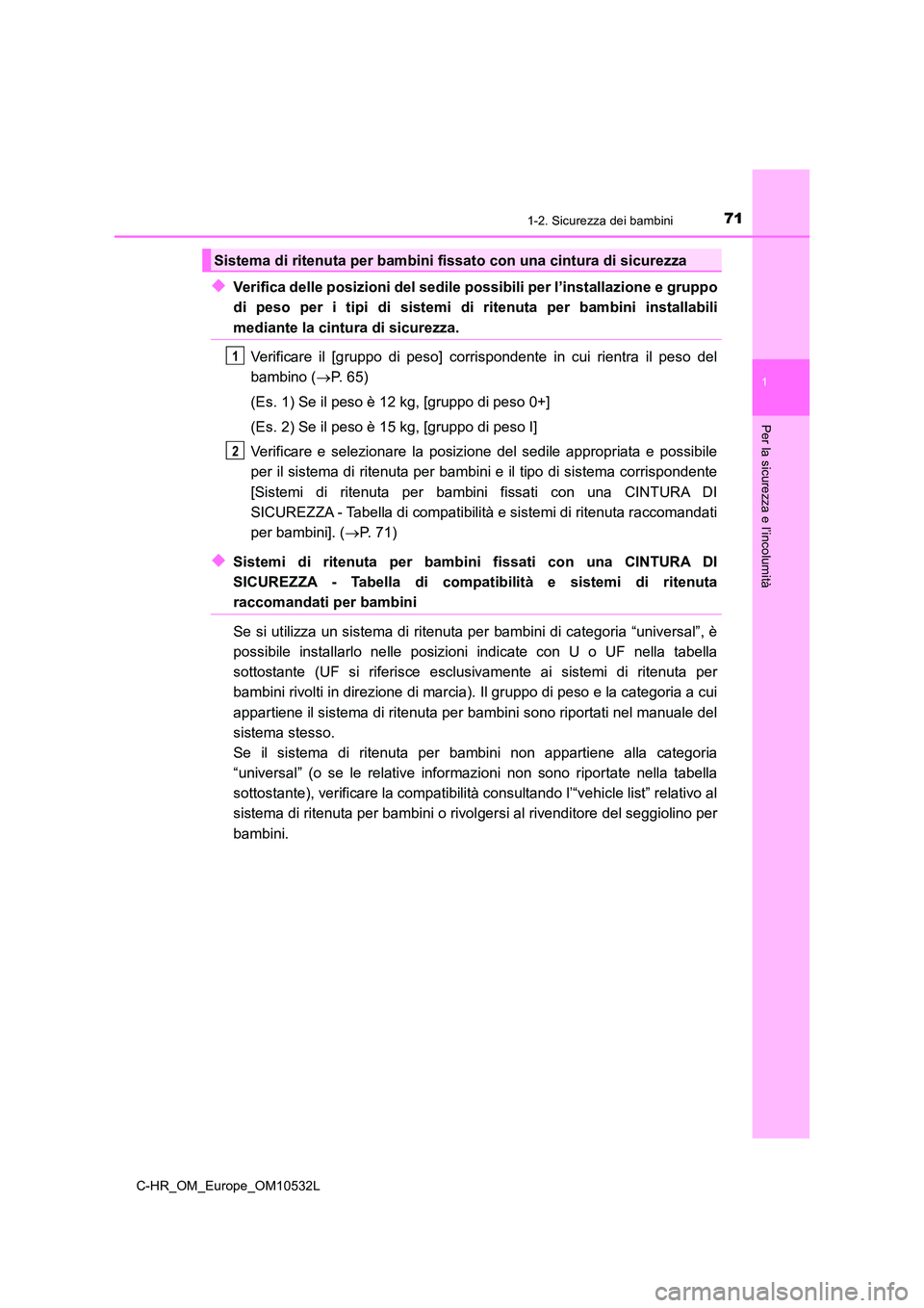 TOYOTA C-HR 2017 Manuale duso (in Italian) 711-2. Sicurezza dei bambini
1
Per la sicurezza e l’incolumità
C-HR_OM_Europe_OM10532L
◆Verifica delle posizioni del sedile possibili per l’installazione e gruppo
di peso per i tipi di sistemi TOYOTA C-HR 2017 Manuale duso (in Italian) 711-2. Sicurezza dei bambini
1
Per la sicurezza e l’incolumità
C-HR_OM_Europe_OM10532L
◆Verifica delle posizioni del sedile possibili per l’installazione e gruppo
di peso per i tipi di sistemi