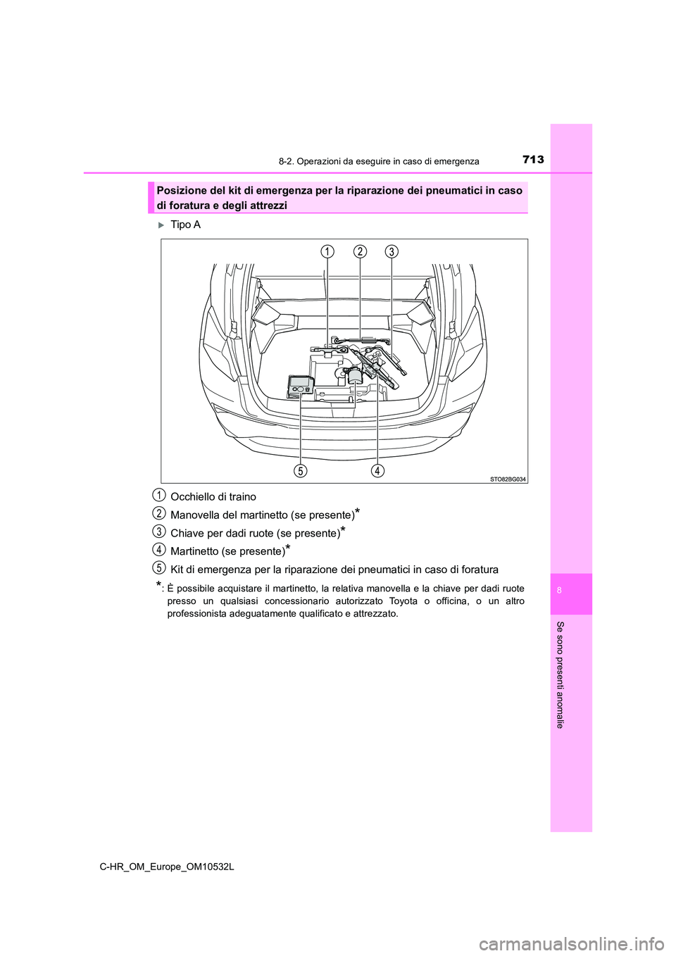 TOYOTA C-HR 2017  Manuale duso (in Italian) 7138-2. Operazioni da eseguire in caso di emergenza
8
Se sono presenti anomalie
C-HR_OM_Europe_OM10532L
Tipo A 
Occhiello di traino 
Manovella del martinetto (se presente)*
Chiave per dadi ruote (s