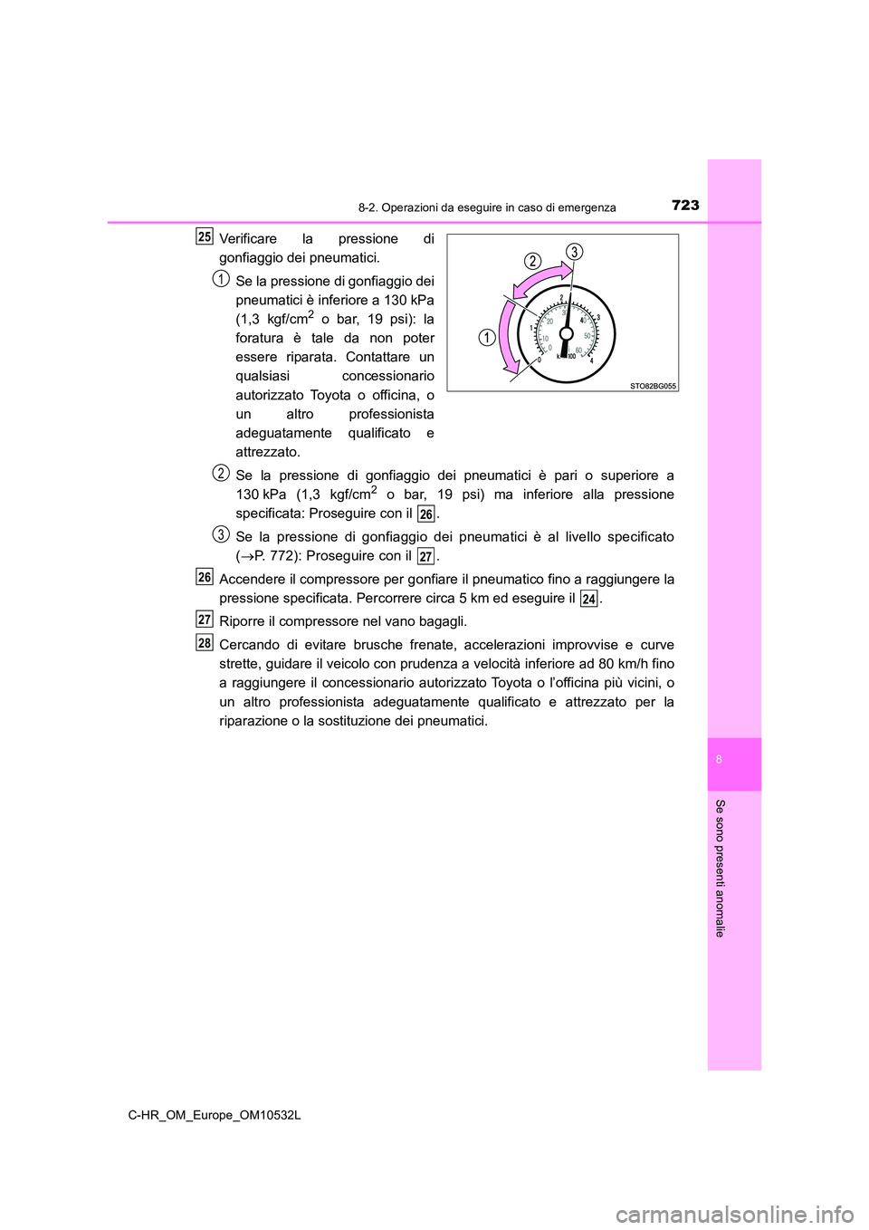 TOYOTA C-HR 2017  Manuale duso (in Italian) 7238-2. Operazioni da eseguire in caso di emergenza
8
Se sono presenti anomalie
C-HR_OM_Europe_OM10532L
Verificare la pressione di 
gonfiaggio dei pneumatici. 
Se la pressione di gonfiaggio dei 
pneum