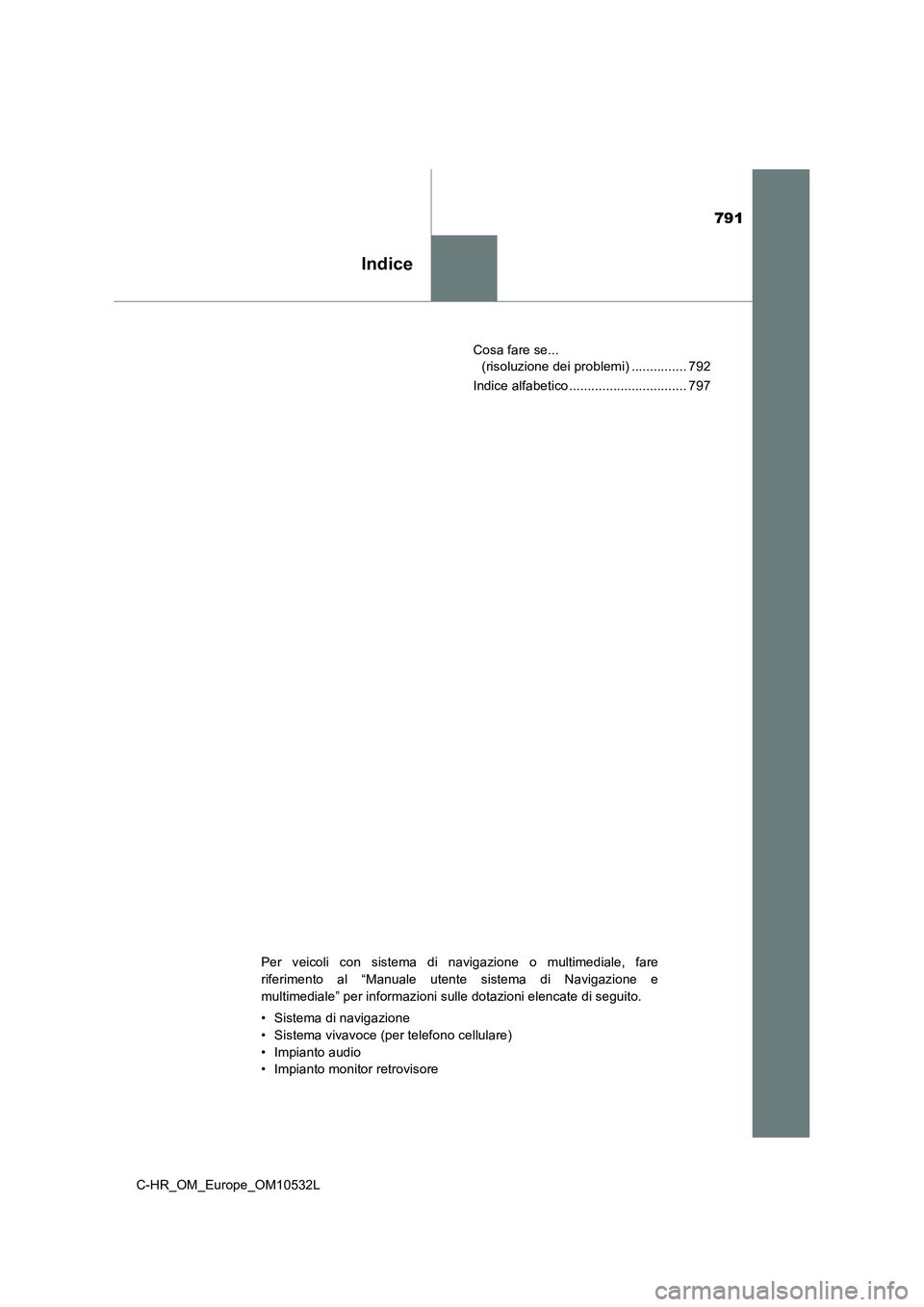 TOYOTA C-HR 2017  Manuale duso (in Italian) 791
Indice
C-HR_OM_Europe_OM10532LCosa fare se... 
(risoluzione dei problemi) ............... 792
Indice alfabetico ................................ 797
Per veicoli con sistema di navigazione o multim