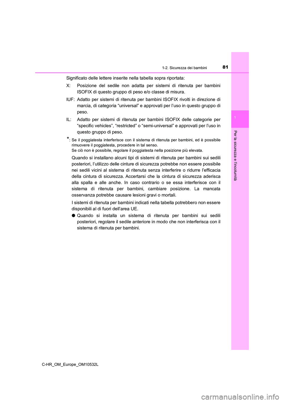 TOYOTA C-HR 2017 Manuale duso (in Italian) 811-2. Sicurezza dei bambini
1
Per la sicurezza e l’incolumità
C-HR_OM_Europe_OM10532L
Significato delle lettere inserite nella tabella sopra riportata:
X: Posizione del sedile non adatta per sist TOYOTA C-HR 2017 Manuale duso (in Italian) 811-2. Sicurezza dei bambini
1
Per la sicurezza e l’incolumità
C-HR_OM_Europe_OM10532L
Significato delle lettere inserite nella tabella sopra riportata:
X: Posizione del sedile non adatta per sist