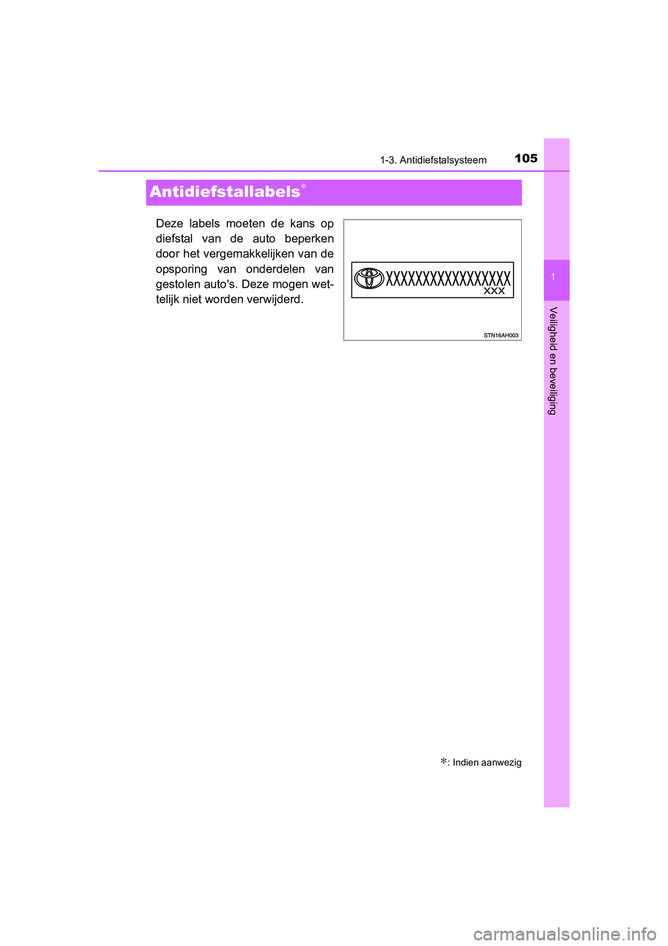 TOYOTA C-HR 2016  Instructieboekje (in Dutch) 1051-3. Antidiefstalsysteem
1
Veiligheid en beveiliging
C-HR_OM_Europe_OM10528E
Antidiefstallabels∗
Deze  labels  moeten  de  kans  op
diefstal  van  de  auto  beperken
door het vergemakkelijken van