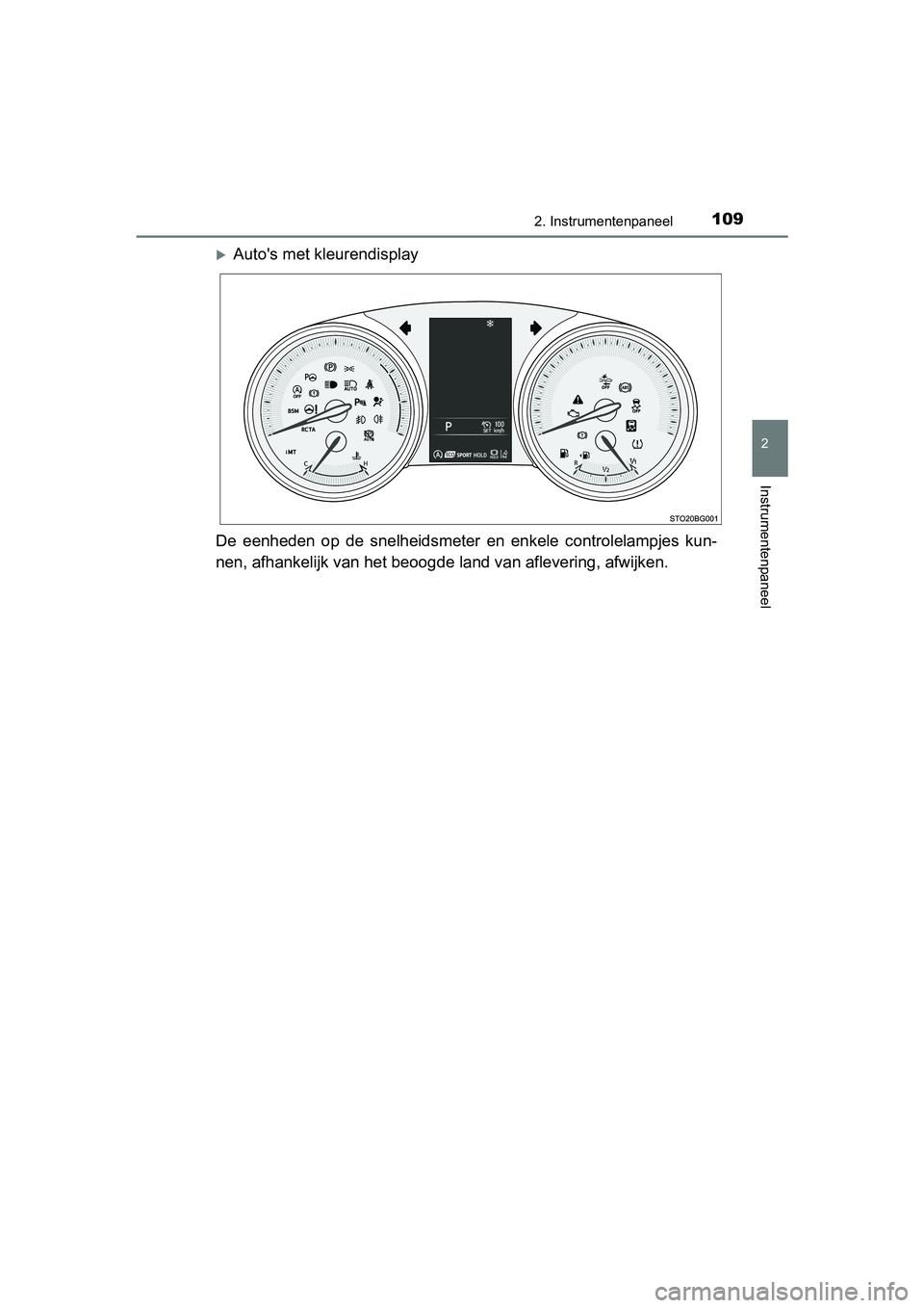 TOYOTA C-HR 2016  Instructieboekje (in Dutch) 1092. Instrumentenpaneel
2
Instrumentenpaneel
C-HR_OM_Europe_OM10528E
Auto's met kleurendisplay
De  eenheden  op  de  snelheidsmeter  en  enkele  controlelampjes  kun-
nen, afhankelijk van het 