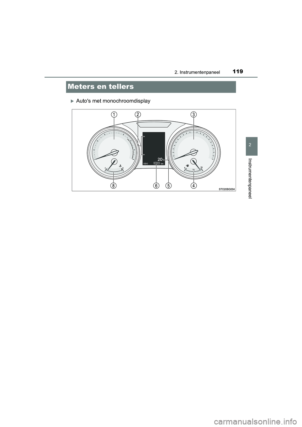 TOYOTA C-HR 2016 Instructieboekje (in Dutch) 119
2
2. Instrumentenpaneel
Instrumentenpaneel
C-HR_OM_Europe_OM10528E
Meters en tellers
Auto's met monochroomdisplay
C-HR_OM_Europe_OM10528E.book Page 119 Tuesday, September 6, 2016 4:16 PM TOYOTA C-HR 2016 Instructieboekje (in Dutch) 119
2
2. Instrumentenpaneel
Instrumentenpaneel
C-HR_OM_Europe_OM10528E
Meters en tellers
Auto's met monochroomdisplay
C-HR_OM_Europe_OM10528E.book Page 119 Tuesday, September 6, 2016 4:16 PM